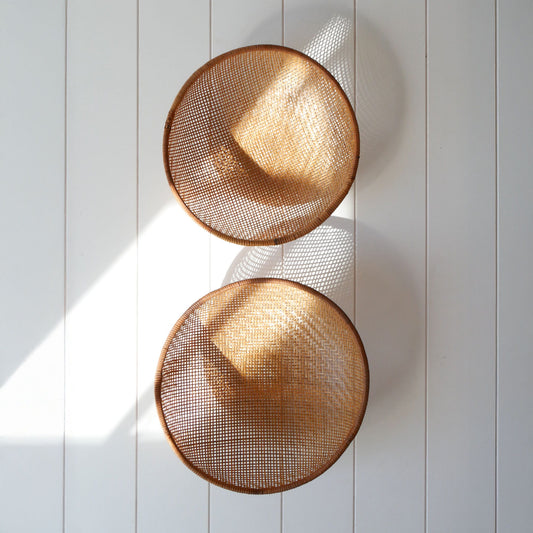 Pair of Vintage Woven Winnowing Baskets, Boho Basket Wall Decor, Screen Basket Decor, Vintage Screened Baskets, Vintage Boho Gallery Wall, Vintage Basket Wall, Vintage Gallery BAsket Wall, Vintage Wall Decor