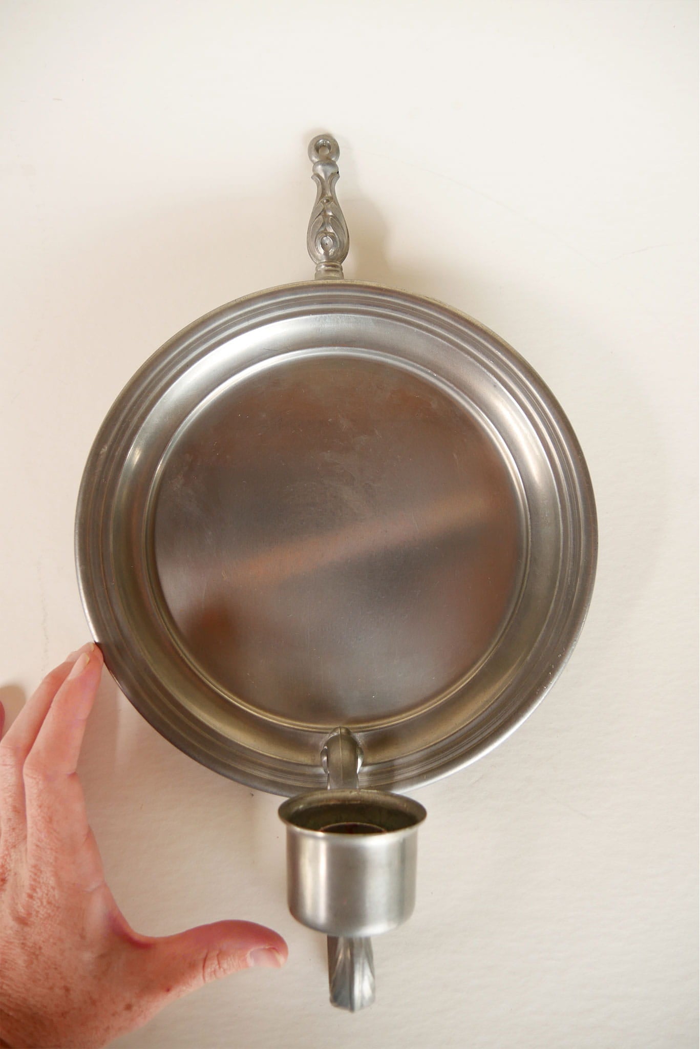 Vintage Pewter Wall Sconce Candle Holder with Backplate, Colonial Sconce, Farmhouse Sconce, Early American Sconce, Vintage Pewter Sconce