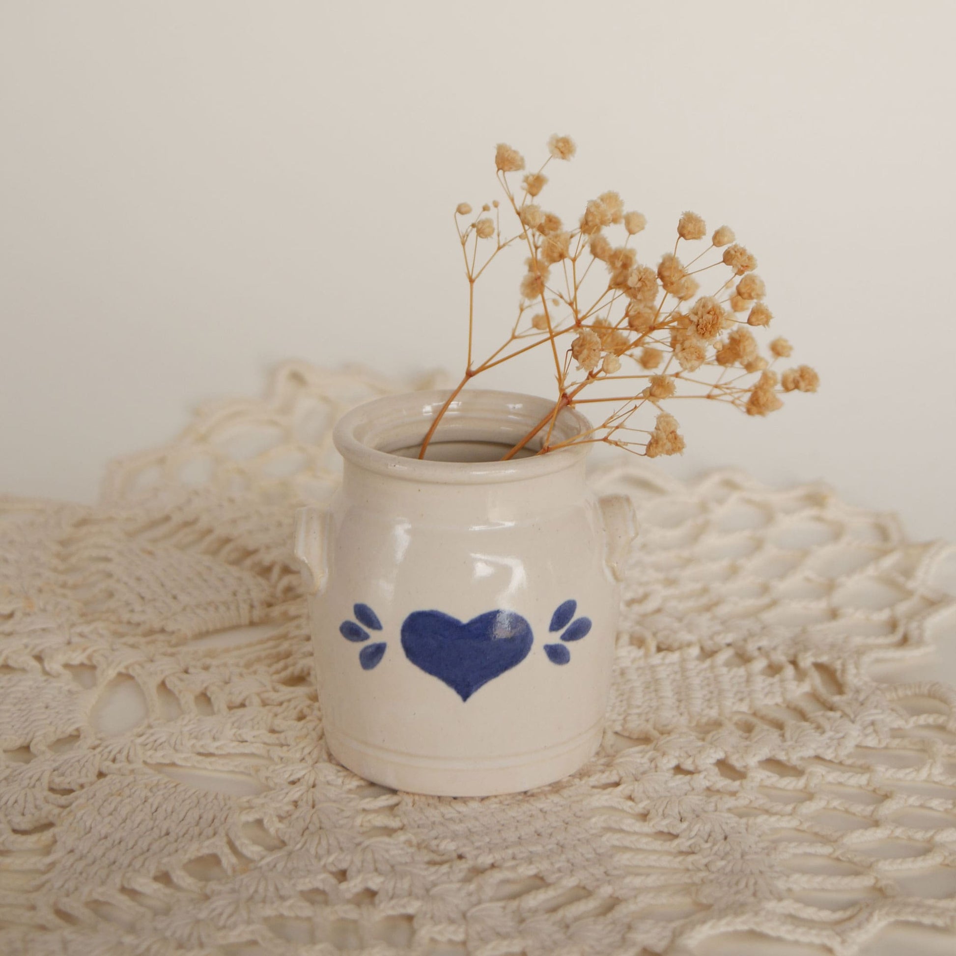 Vintage-Pinewood-Valley-Salt-Glaze-Mini-Crock-Blue-Heart-Vintage Farmhouse Decor Vintage Farmhouse Crocks