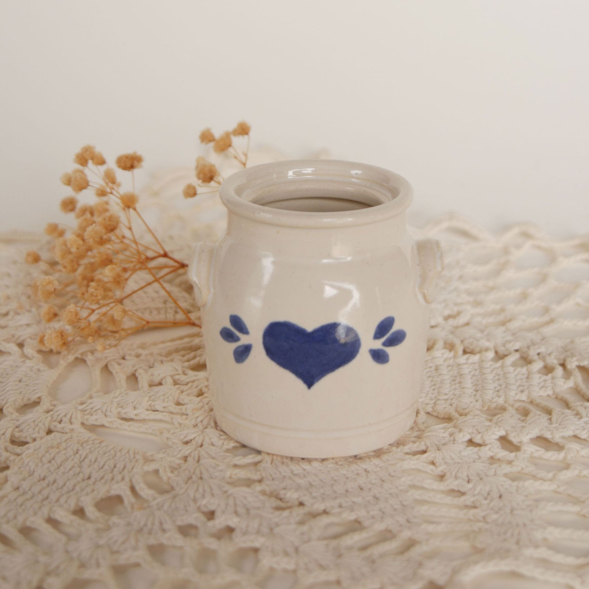 Vintage-Pinewood-Valley-Salt-Glaze-Mini-Crock-Blue-Heart-Vintage Farmhouse Decor Vintage Farmhouse Crocks
