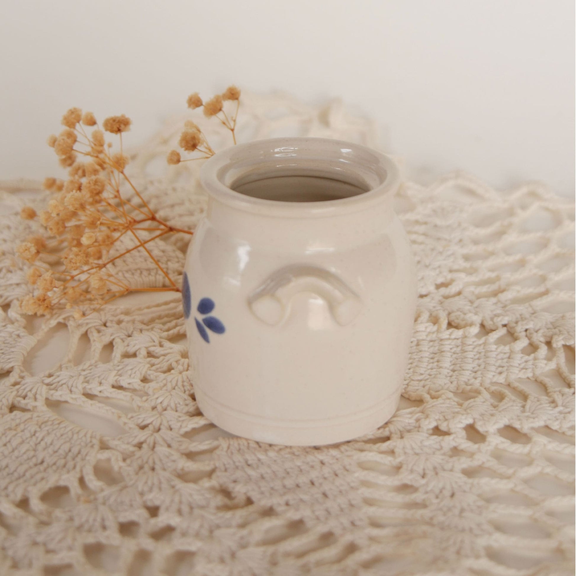 Vintage-Pinewood-Valley-Salt-Glaze-Mini-Crock-Blue-Heart-Vintage Farmhouse Decor Vintage Farmhouse Crocks