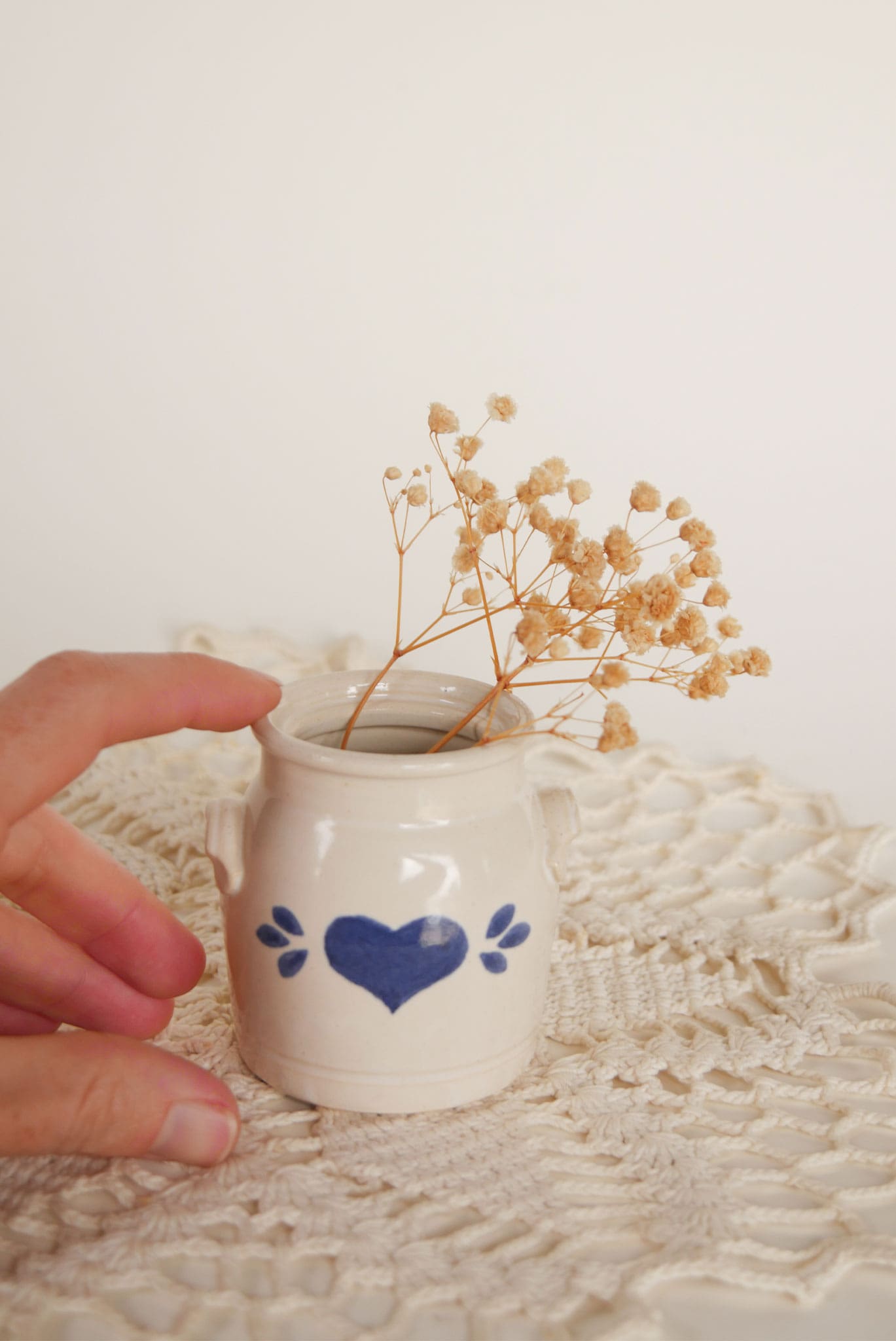 Vintage-Pinewood-Valley-Salt-Glaze-Mini-Crock-Blue-Heart-Vintage Farmhouse Decor Vintage Farmhouse Crocks