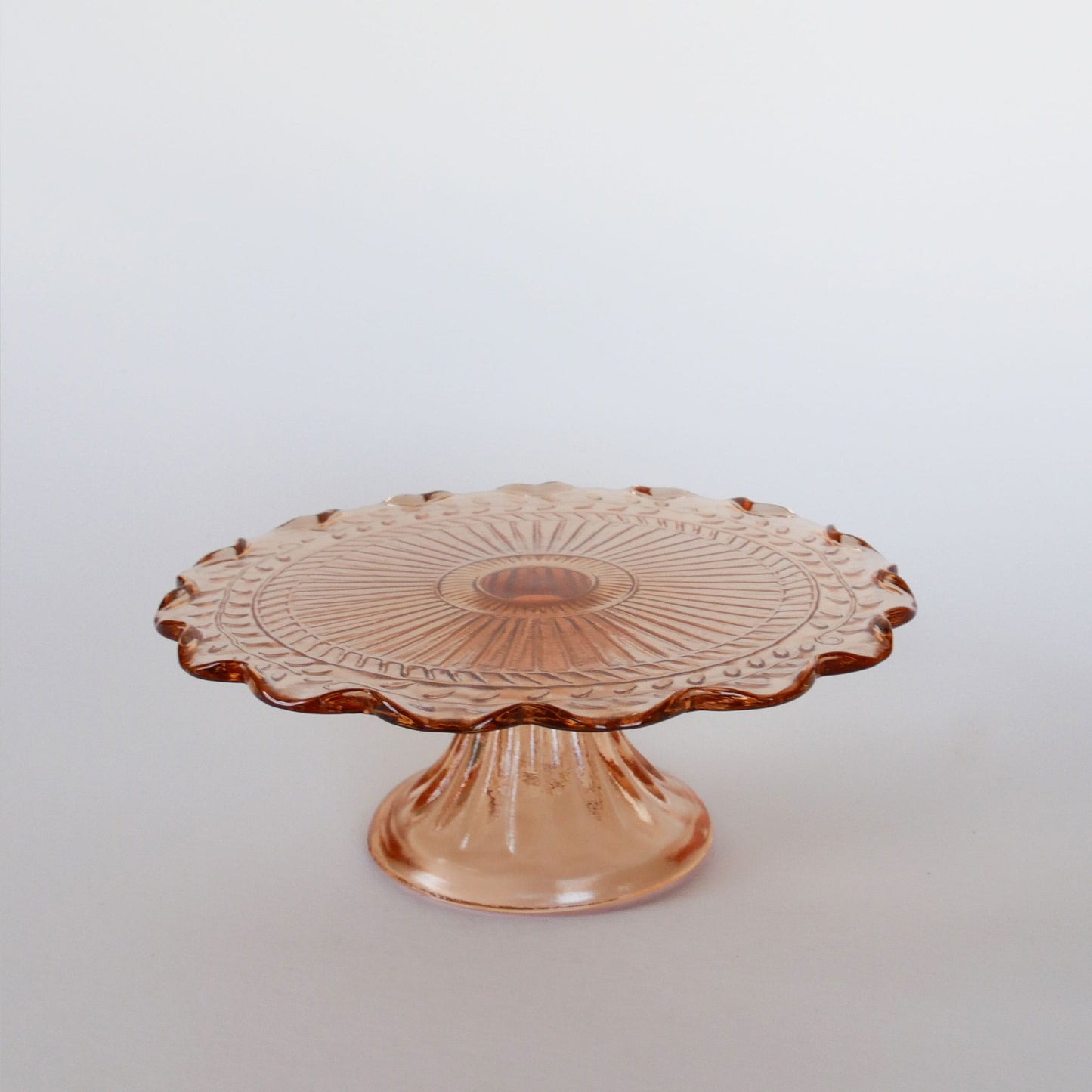 1950s Blush Pink Small Cake Stand with Scalloped Edge and Leaf Design, Vintage Pink Glass Cake Stand, Vintage Depression Glass Pink Stand, Vintage Blush Pink Scalloped Edge Cake Stand