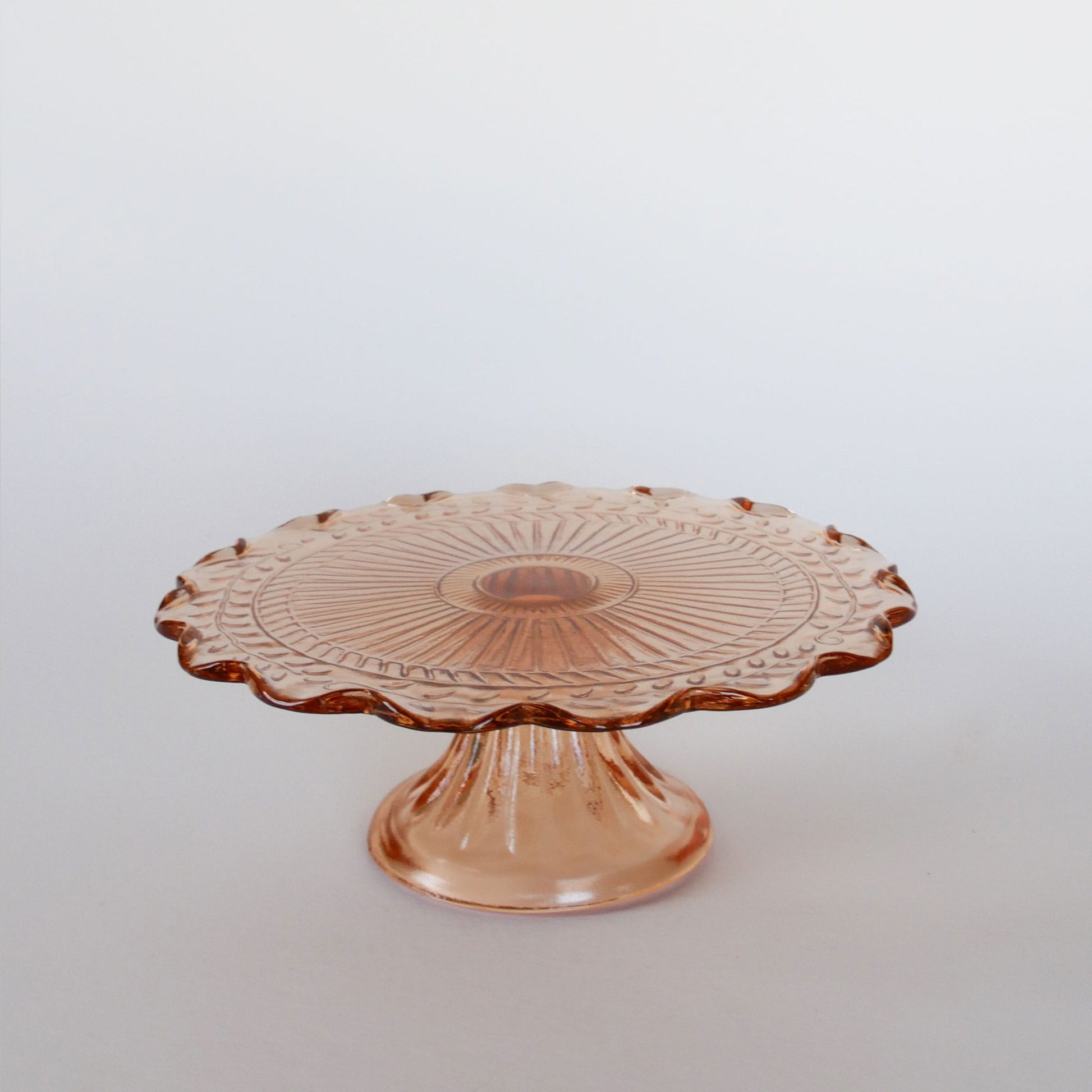 1950s Blush Pink Small Cake Stand with Scalloped Edge and Leaf Design, Vintage Pink Glass Cake Stand, Vintage Depression Glass Pink Stand, Vintage Blush Pink Scalloped Edge Cake Stand