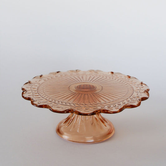 1950s Blush Pink Small Cake Stand with Scalloped Edge and Leaf Design, Vintage Pink Glass Cake Stand, Vintage Depression Glass Pink Stand, Vintage Blush Pink Scalloped Edge Cake Stand