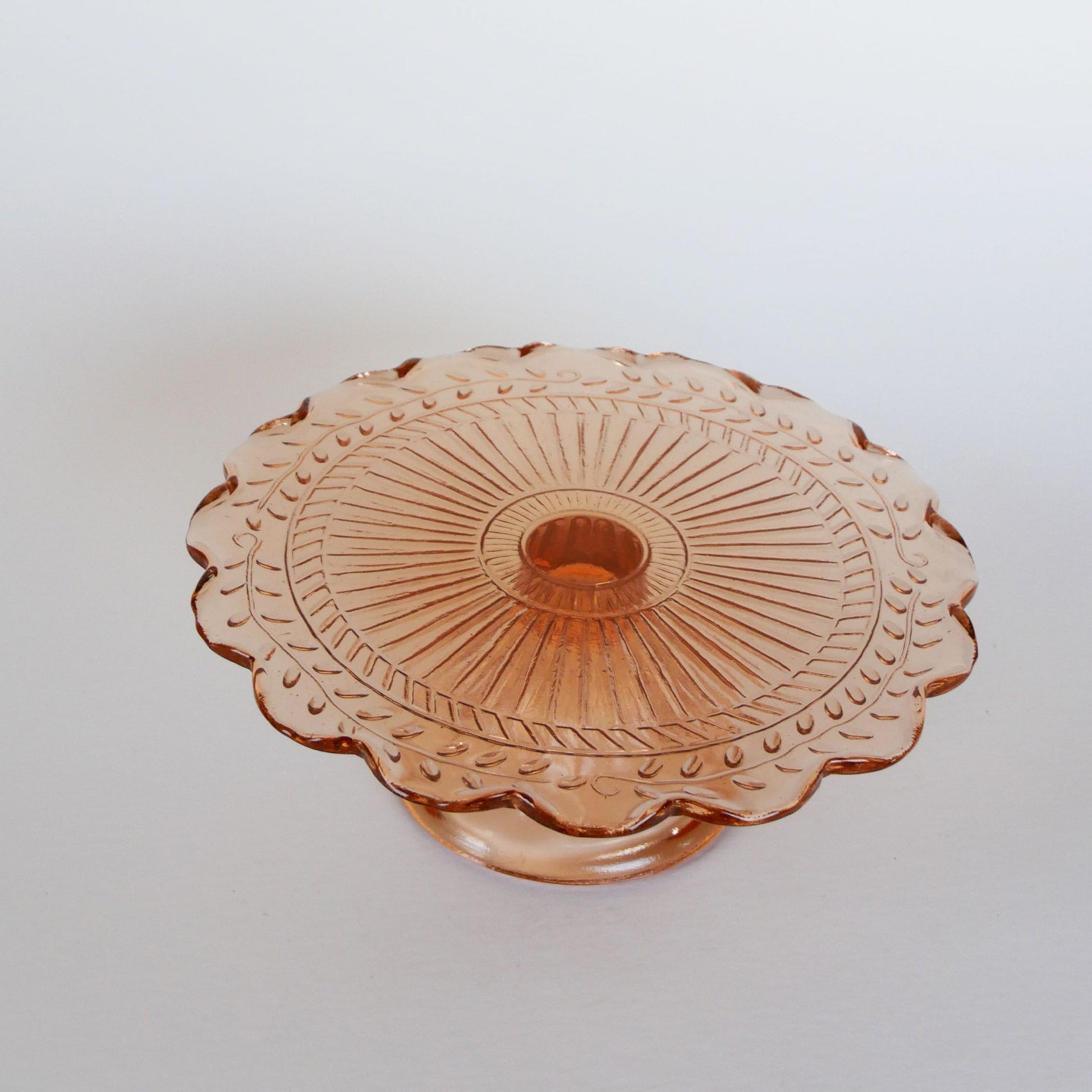1950s Blush Pink Small Cake Stand with Scalloped Edge and Leaf Design, Vintage Pink Glass Cake Stand, Vintage Depression Glass Pink Stand, Vintage Blush Pink Scalloped Edge Cake Stand