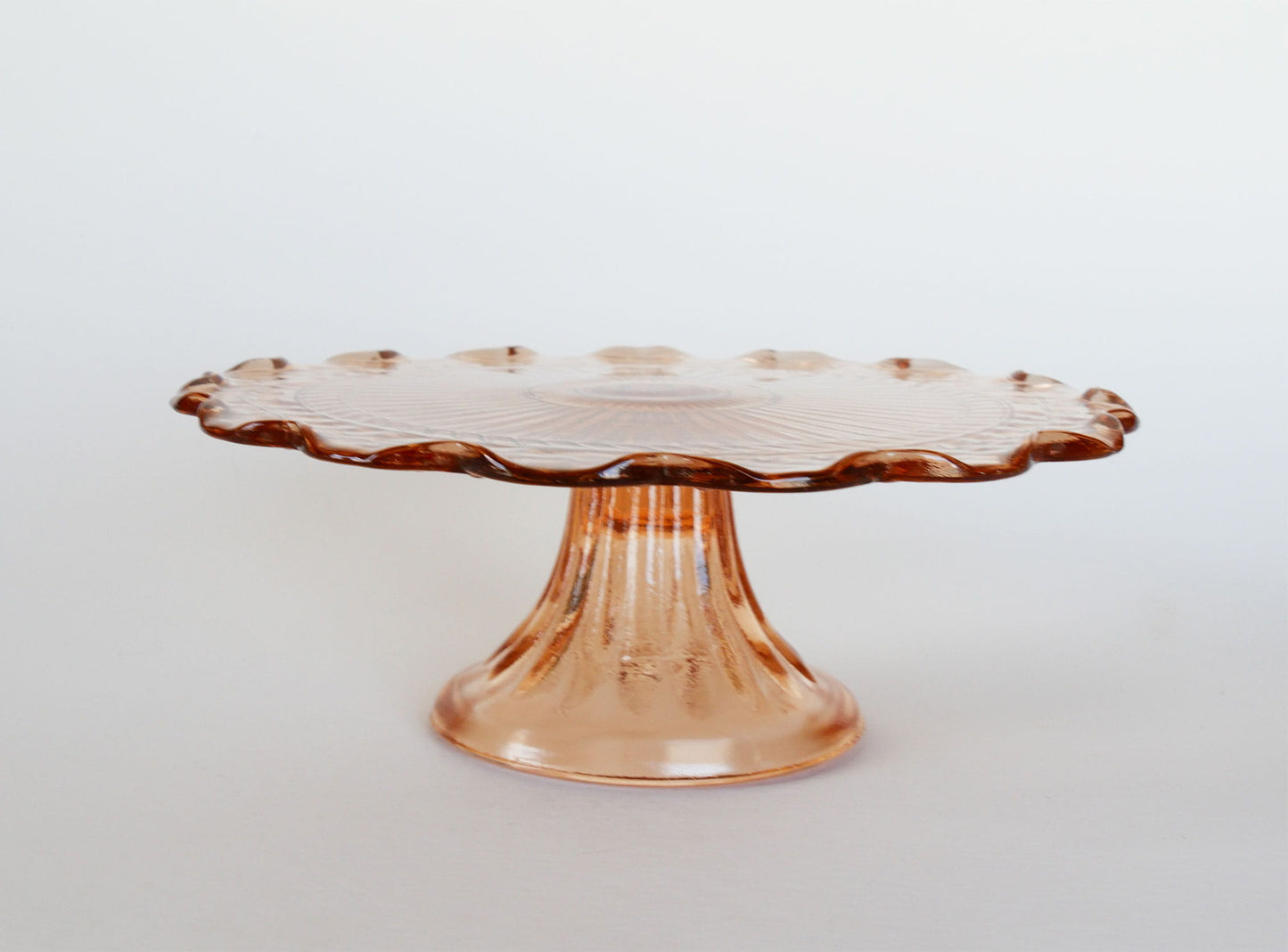 1950s Blush Pink Small Cake Stand with Scalloped Edge and Leaf Design, Vintage Pink Glass Cake Stand, Vintage Depression Glass Pink Stand, Vintage Blush Pink Scalloped Edge Cake Stand