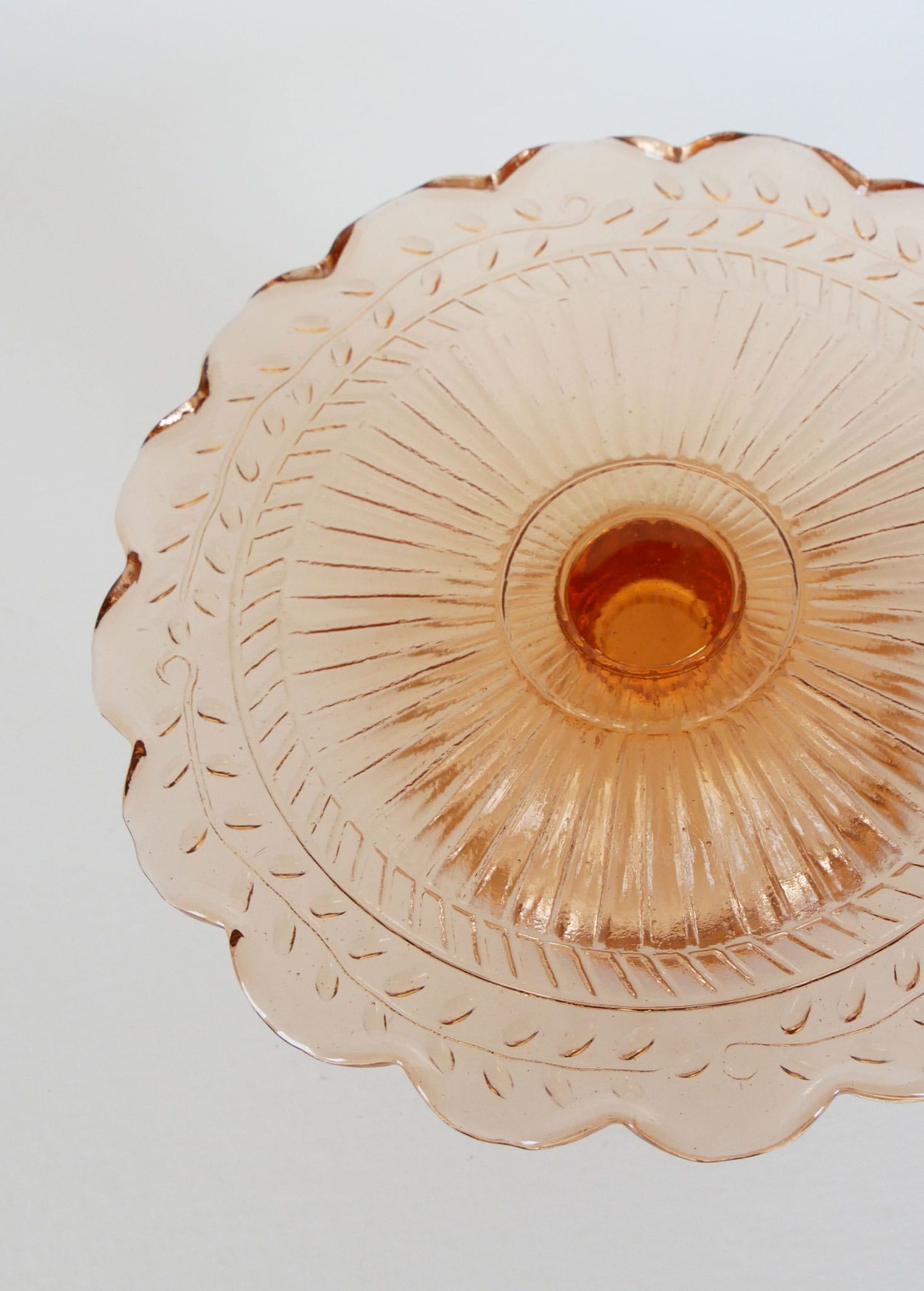 1950s Blush Pink Small Cake Stand with Scalloped Edge and Leaf Design, Vintage Pink Glass Cake Stand, Vintage Depression Glass Pink Stand, Vintage Blush Pink Scalloped Edge Cake Stand