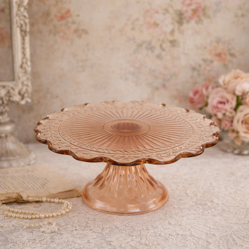 1950s Blush Pink Small Cake Stand with Scalloped Edge and Leaf Design, Vintage Pink Glass Cake Stand, Vintage Depression Glass Pink Stand, Vintage Blush Pink Scalloped Edge Cake Stand