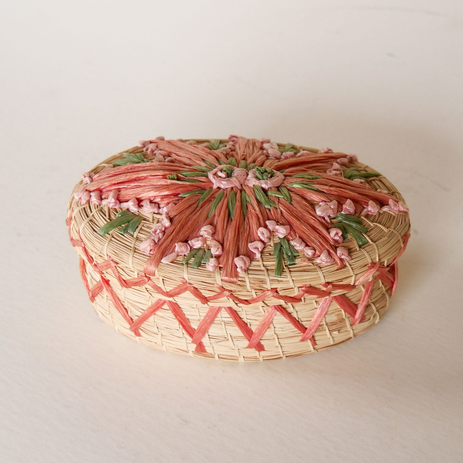 Vintage Pink Floral Raffia Straw Oval Storage Basket, Boho Basket Storage, Raffia Basket Storage Raffia Jewelry Box, Pink Floral Raffia Basket with Lid, Boho Basket Decor
