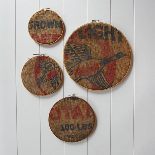 Vintage Burlap Sack Wall Decor, Set of 4, Vintage Burlap Sack Decor, Vintage Burlap Potato Sack Wall Decor, Vintage Burlap Sack Decor, Burlap Sack Wall Decor, Vintage American Flight Potato Sack, Vintage Wall Decor