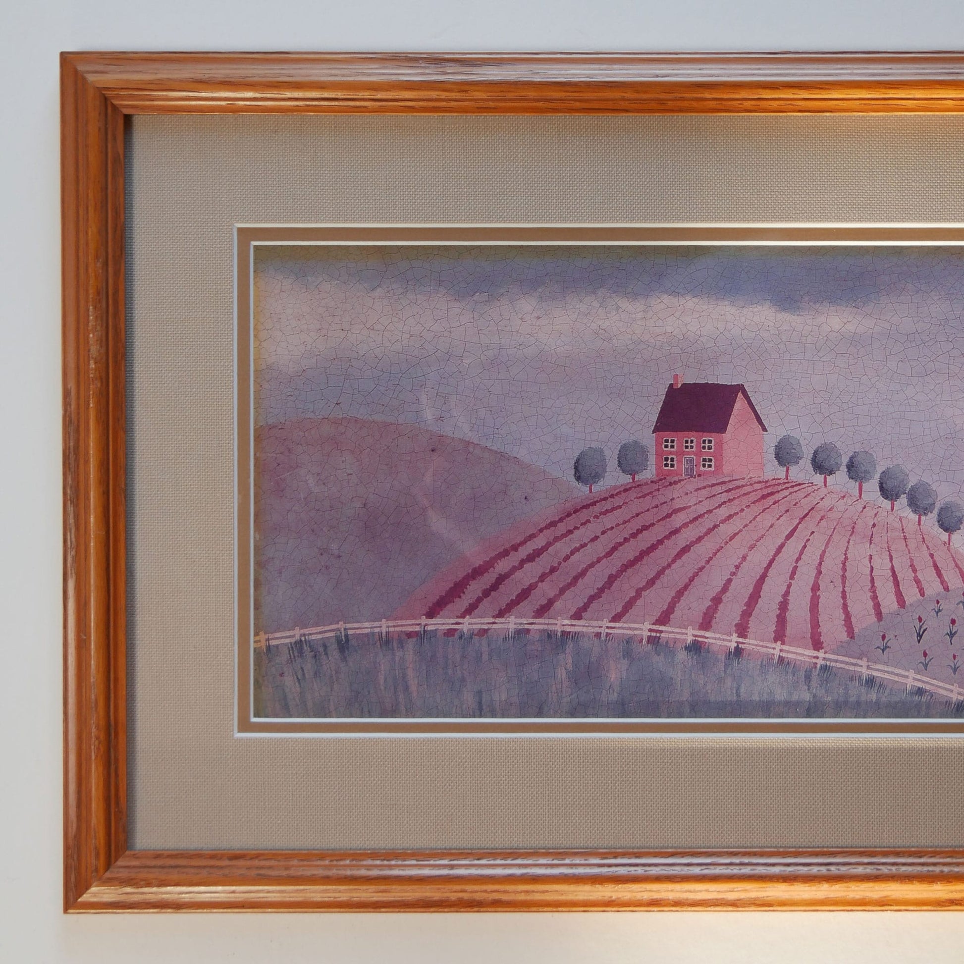 Oak Framed Folk Farmhouse & Fields Print, Vintage Folk Print, Vintage Framed Folk Farmhouse