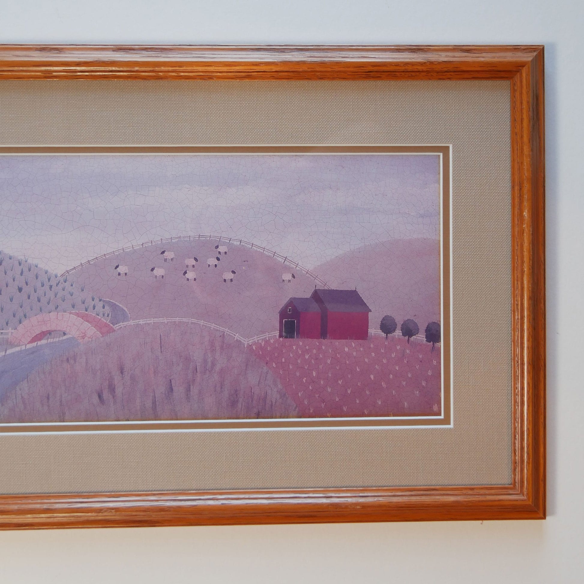 Oak Framed Folk Farmhouse & Fields Print, Vintage Folk Print, Vintage Framed Folk Farmhouse