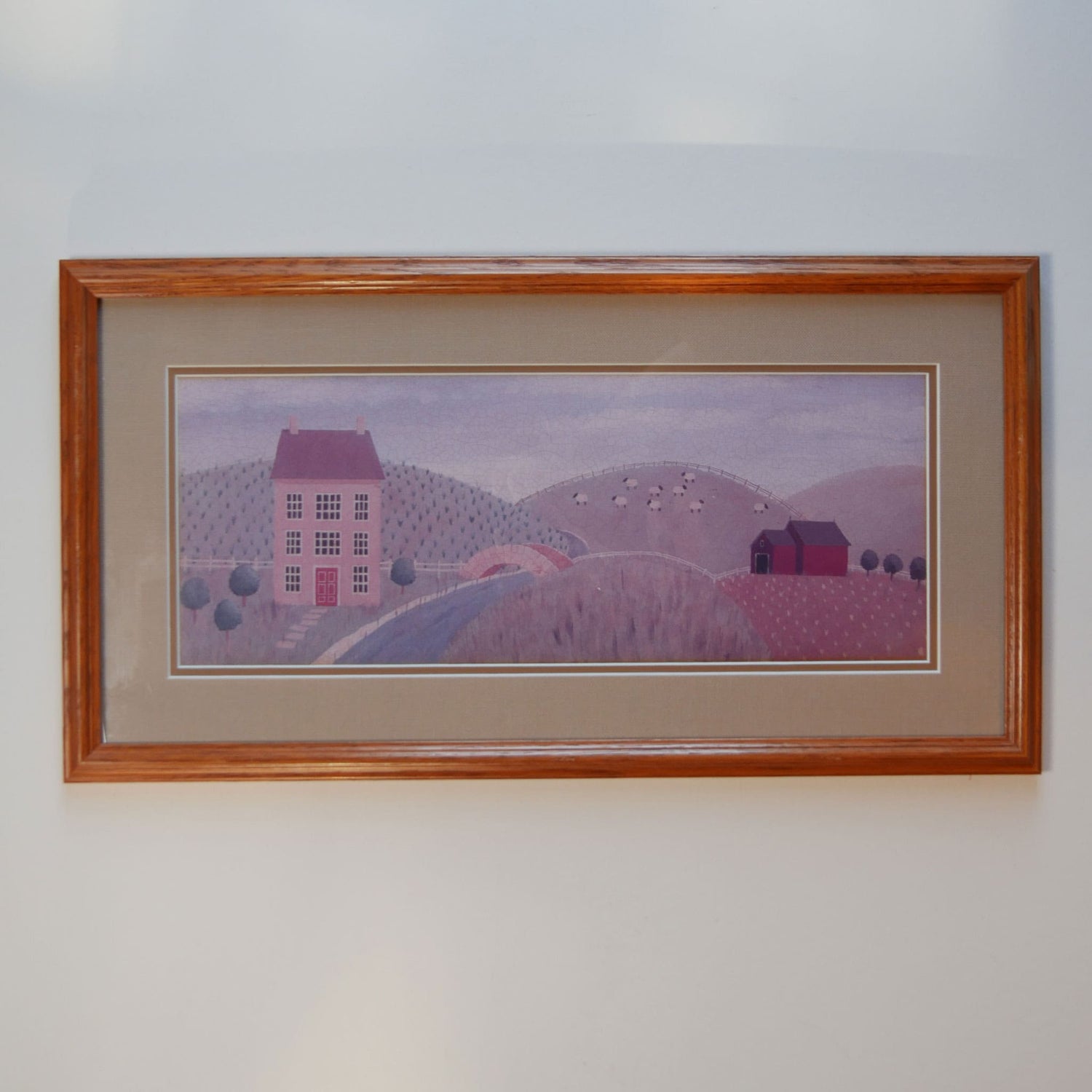 Oak Framed Folk Farmhouse & Fields Print, Vintage Folk Print, Vintage Framed Folk Farmhouse