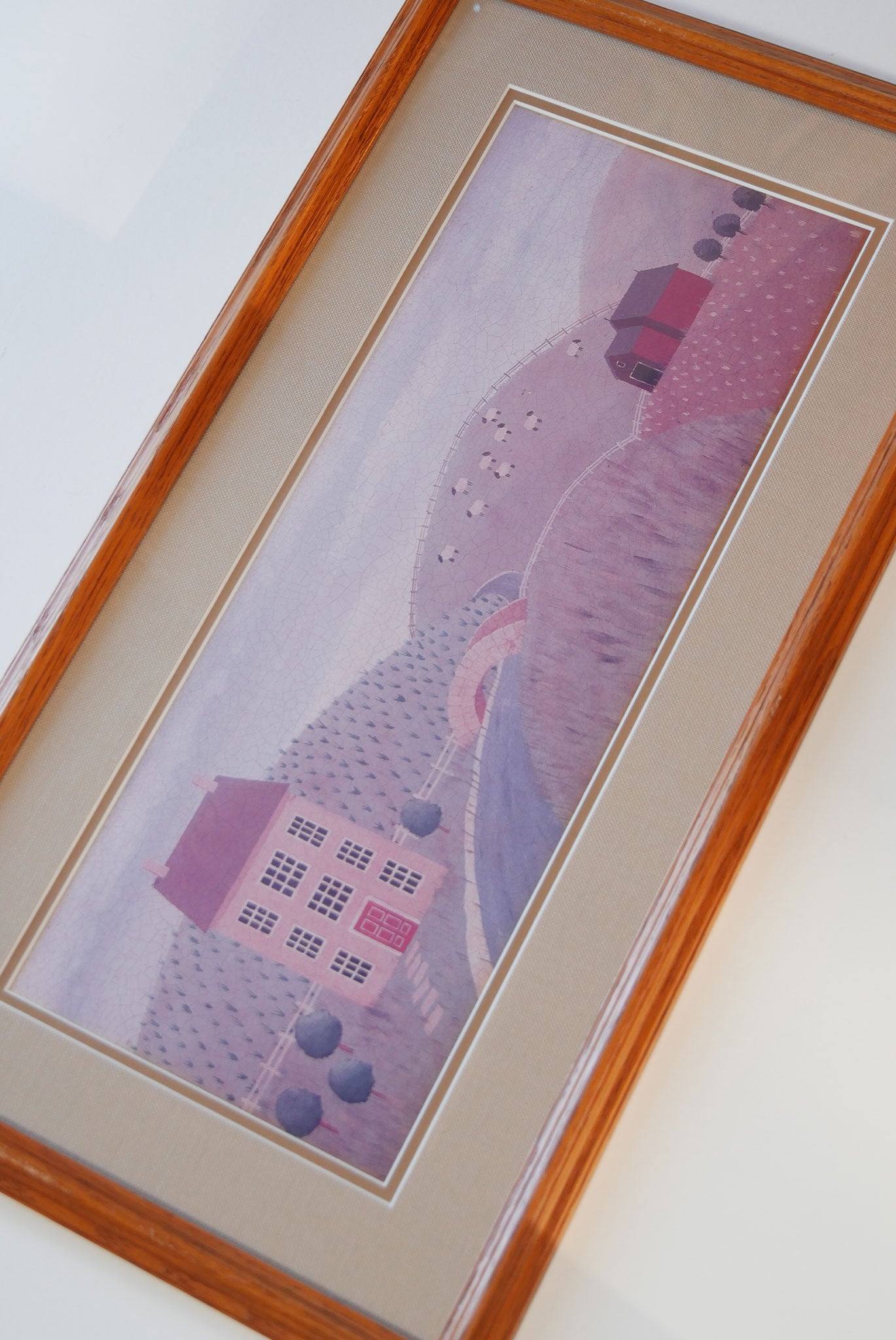 Oak Framed Folk Farmhouse & Fields Print, Vintage Folk Print, Vintage Framed Folk Farmhouse