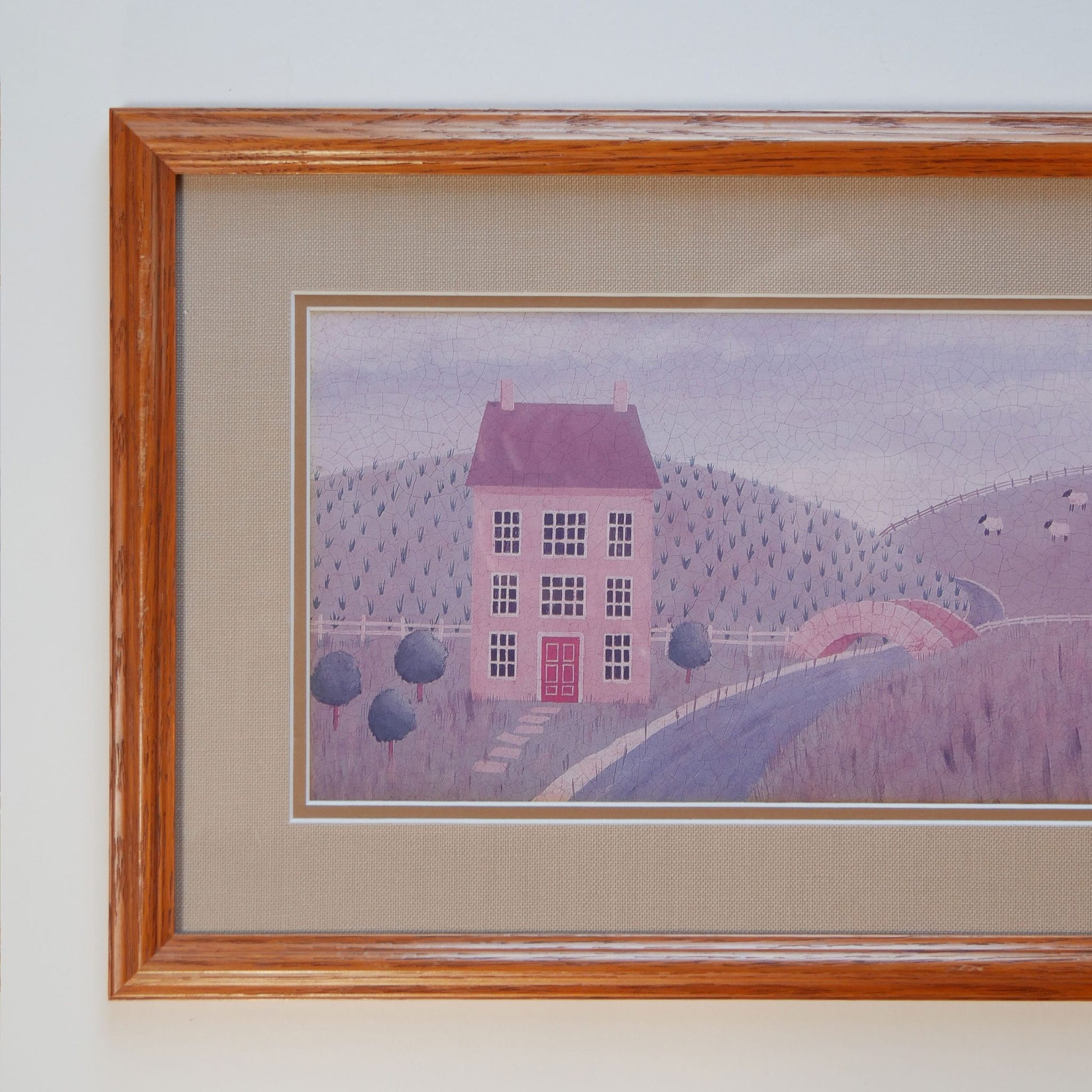 Oak Framed Folk Farmhouse & Fields Print, Vintage Folk Print, Vintage Framed Folk Farmhouse