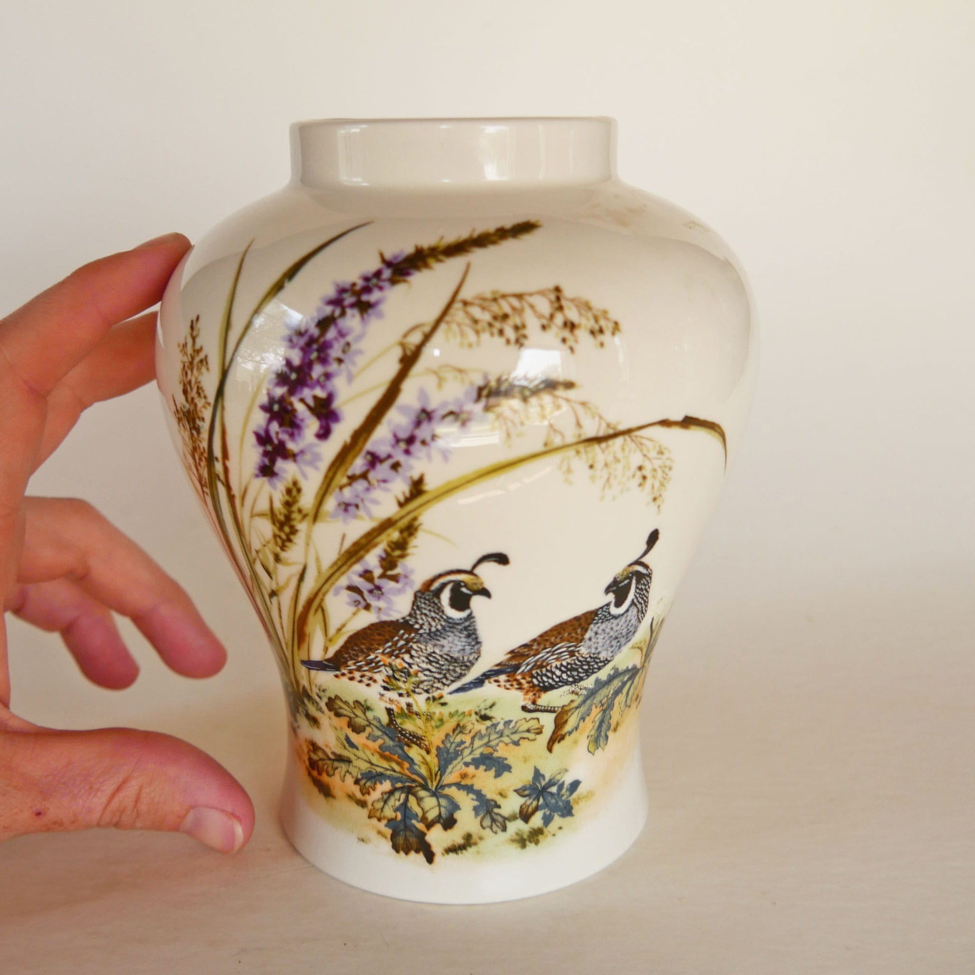 Vintage Quail and Lavender Vase, Quail Decor, Vintage Quail Stoneware, Vintage Floral Stoneware, Vintage Bird Scene Stoneware, Vintage Bird Vase