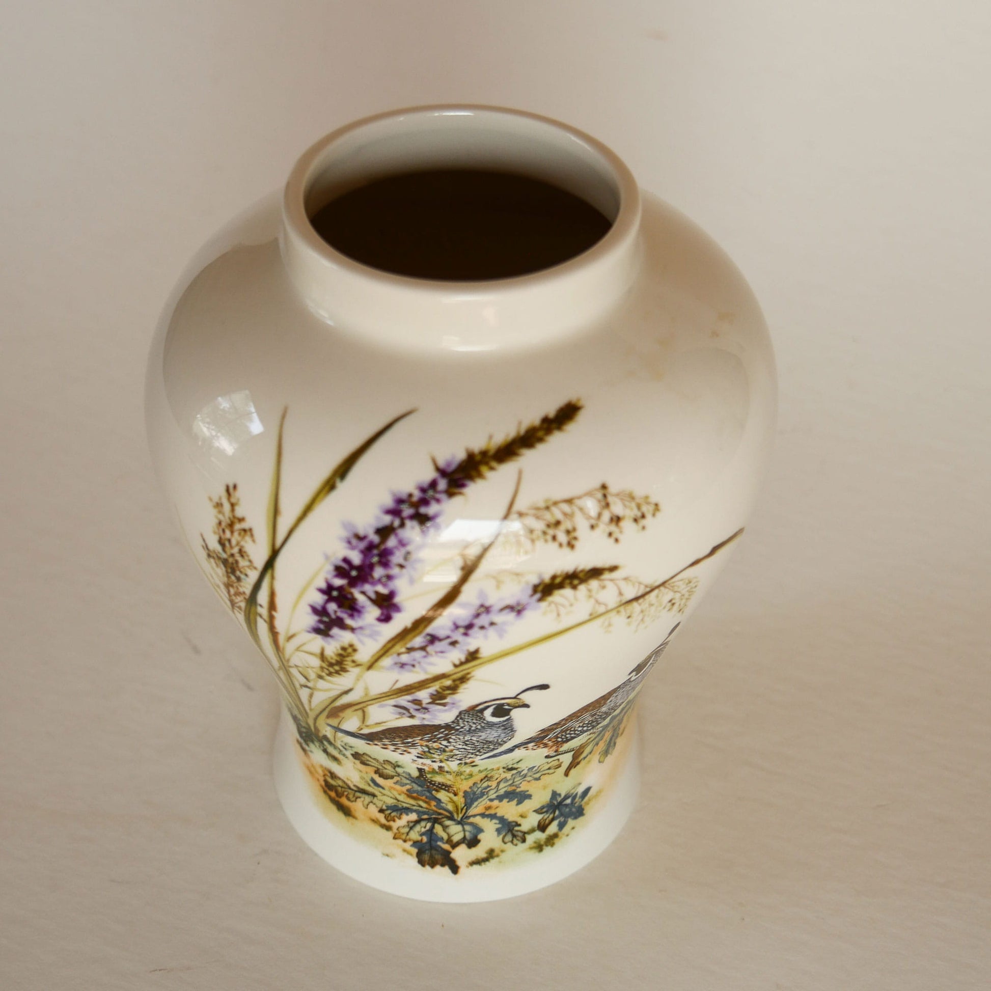 Vintage Quail and Lavender Vase, Quail Decor, Vintage Quail Stoneware, Vintage Floral Stoneware, Vintage Bird Scene Stoneware, Vintage Bird Vase