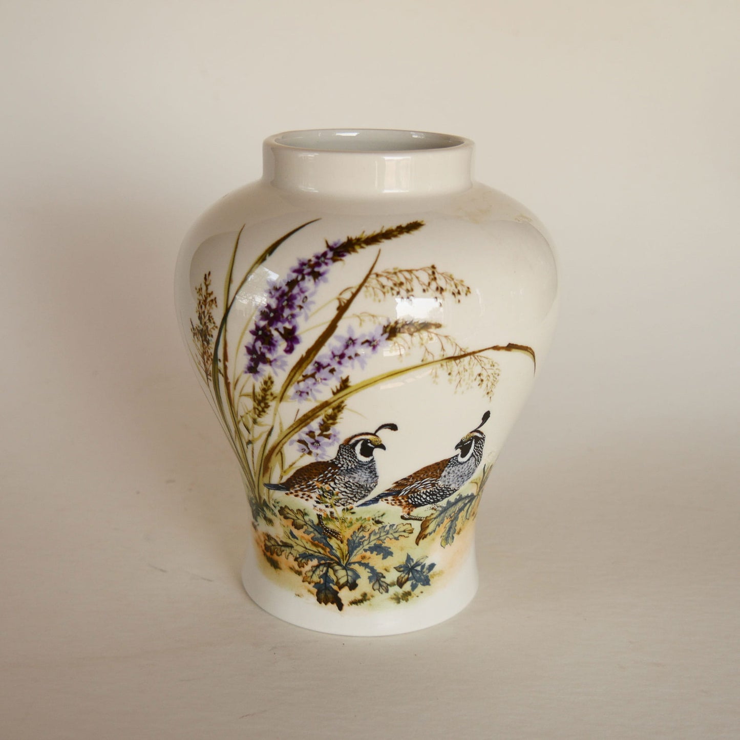 Vintage Quail and Lavender Vase, Quail Decor, Vintage Quail Stoneware, Vintage Floral Stoneware, Vintage Bird Scene Stoneware, Vintage Bird Vase