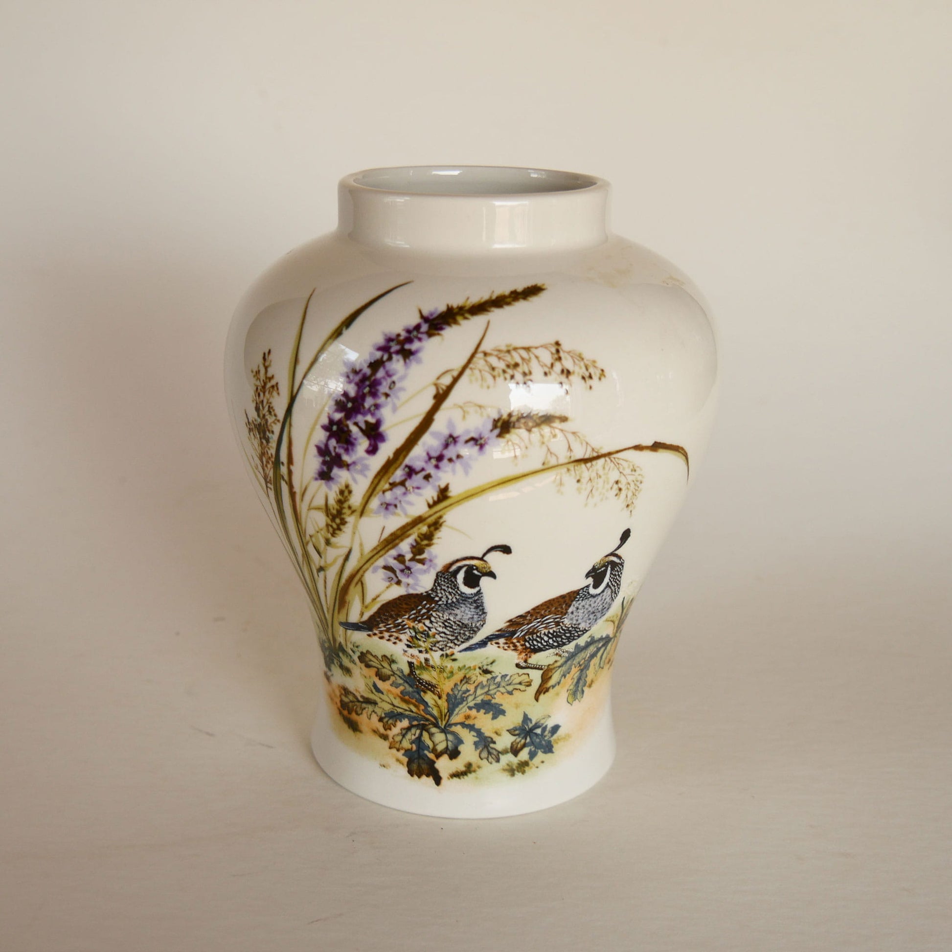 Vintage Quail and Lavender Vase, Quail Decor, Vintage Quail Stoneware, Vintage Floral Stoneware, Vintage Bird Scene Stoneware, Vintage Bird Vase