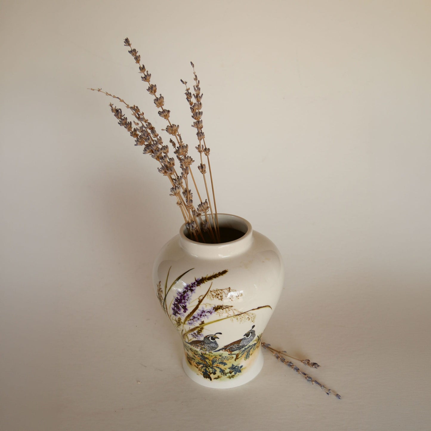 Vintage Quail and Lavender Vase, Quail Decor, Vintage Quail Stoneware, Vintage Floral Stoneware, Vintage Bird Scene Stoneware, Vintage Bird Vase