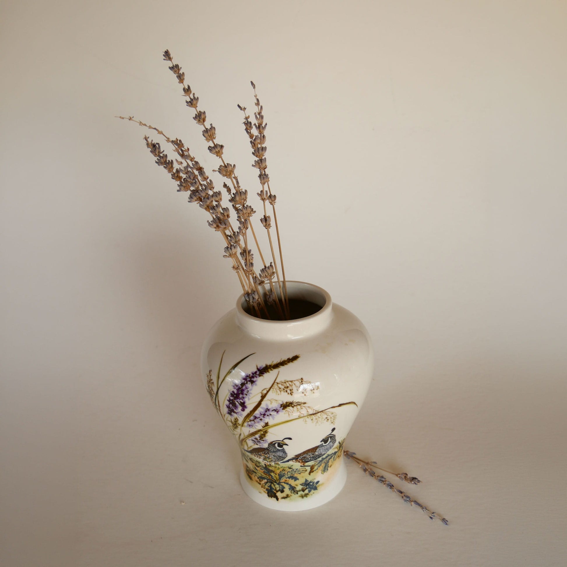 Vintage Quail and Lavender Vase, Quail Decor, Vintage Quail Stoneware, Vintage Floral Stoneware, Vintage Bird Scene Stoneware, Vintage Bird Vase