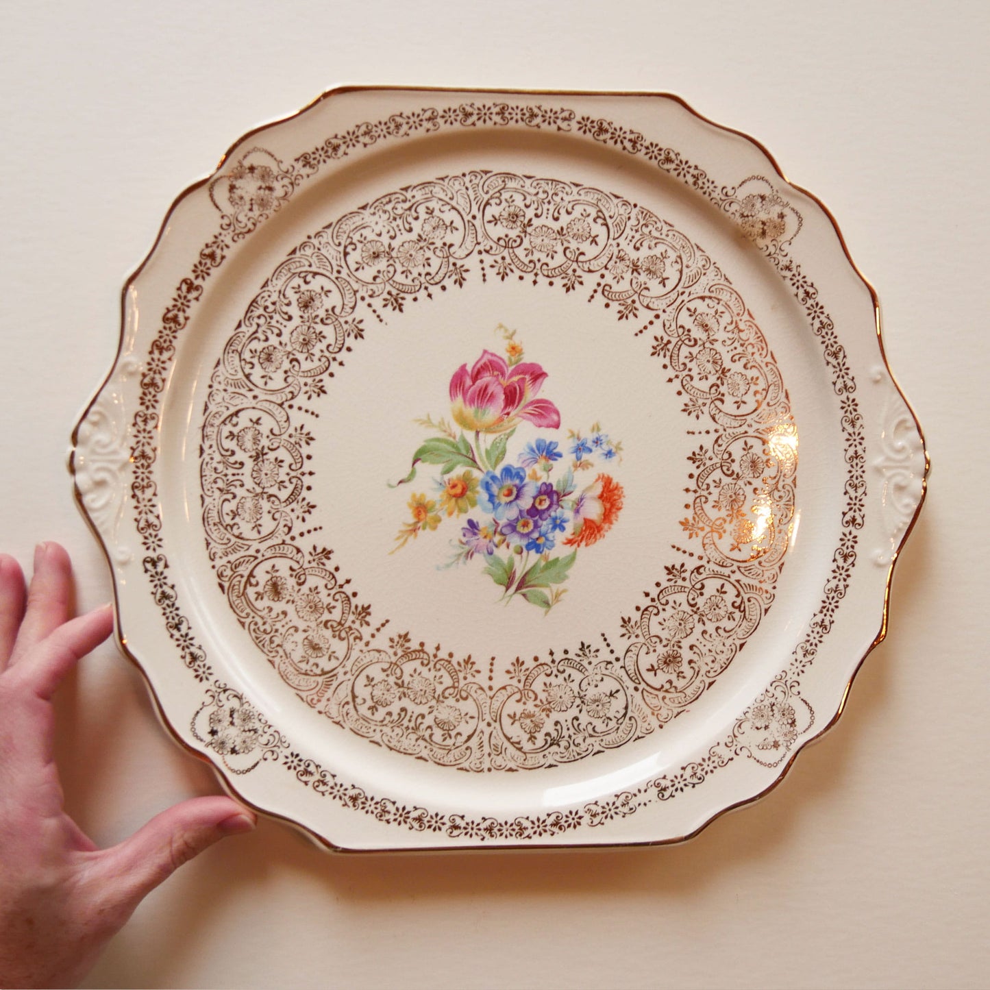 Vintage Queen Anne Floral and 24k Gold Rimmed Cake Plate, Vintage Floral Plate, Vintage Floral Cake Platter, Vintage Queen Anne Cake Platter, Vintage Floral Plate Wall