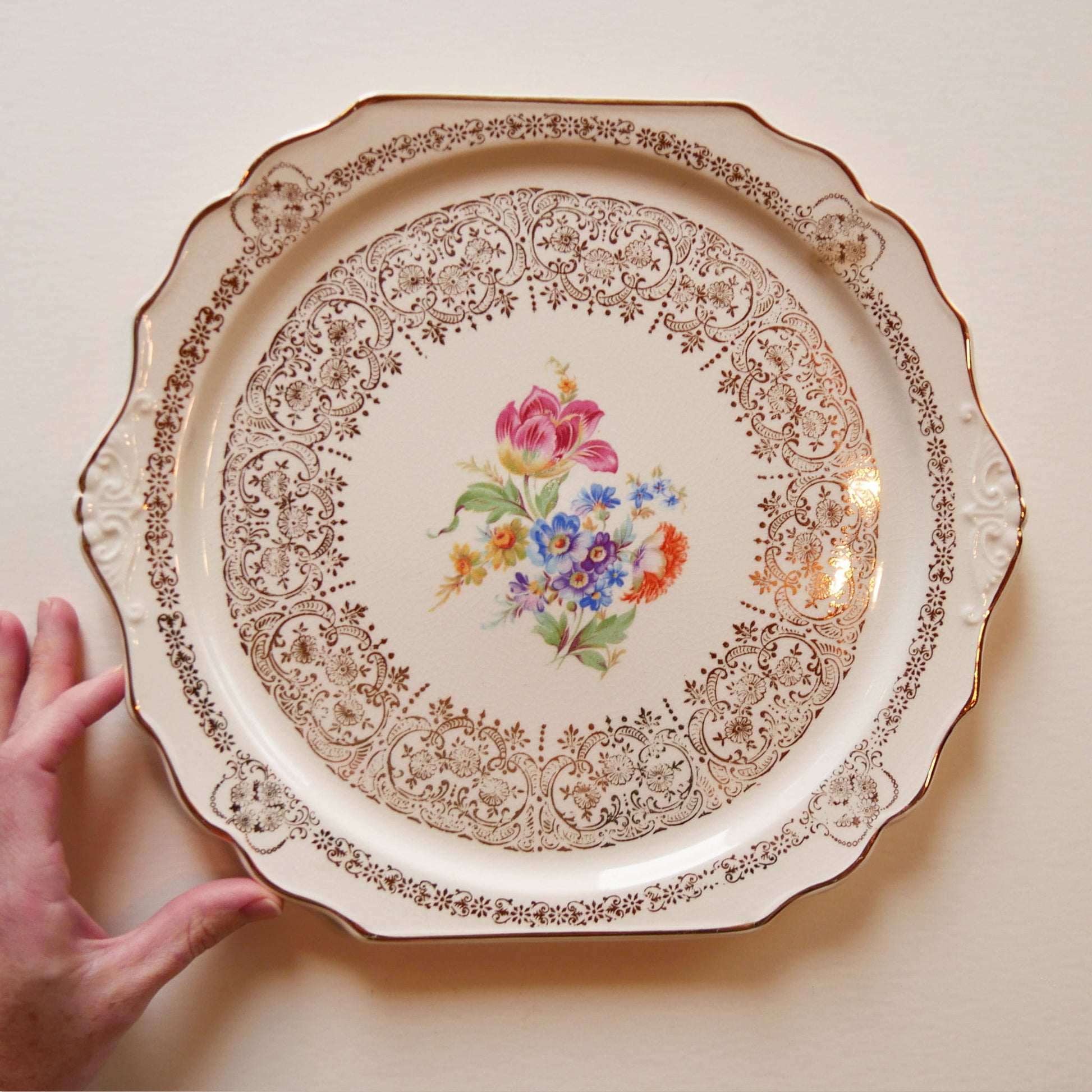 Vintage Queen Anne Floral and 24k Gold Rimmed Cake Plate, Vintage Floral Plate, Vintage Floral Cake Platter, Vintage Queen Anne Cake Platter, Vintage Floral Plate Wall