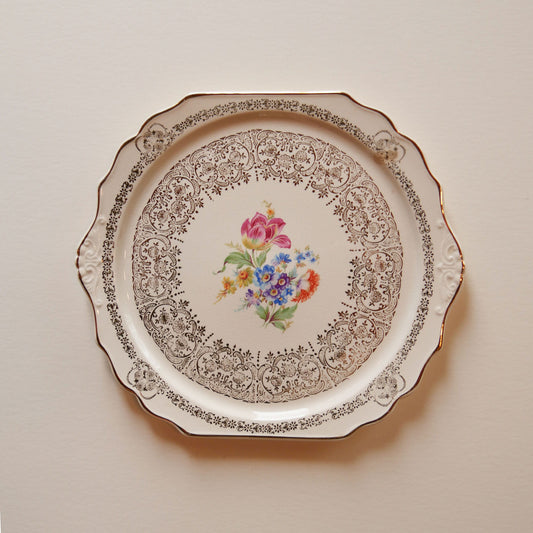Vintage Queen Anne Floral and 24k Gold Rimmed Cake Plate, Vintage Floral Plate, Vintage Floral Cake Platter, Vintage Queen Anne Cake Platter, Vintage Floral Plate Wall