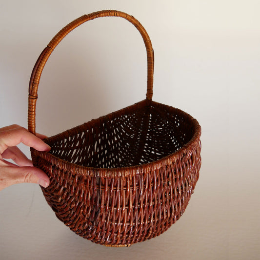 Vintage Dark Rattan Wicker Hanging Basket, Hanging Basket, Vintage Hanging Basket, Vintage Basket with Handle, Handle Wicker Basket, VIntage Basket Decor, Vintage Basket Wall Decor