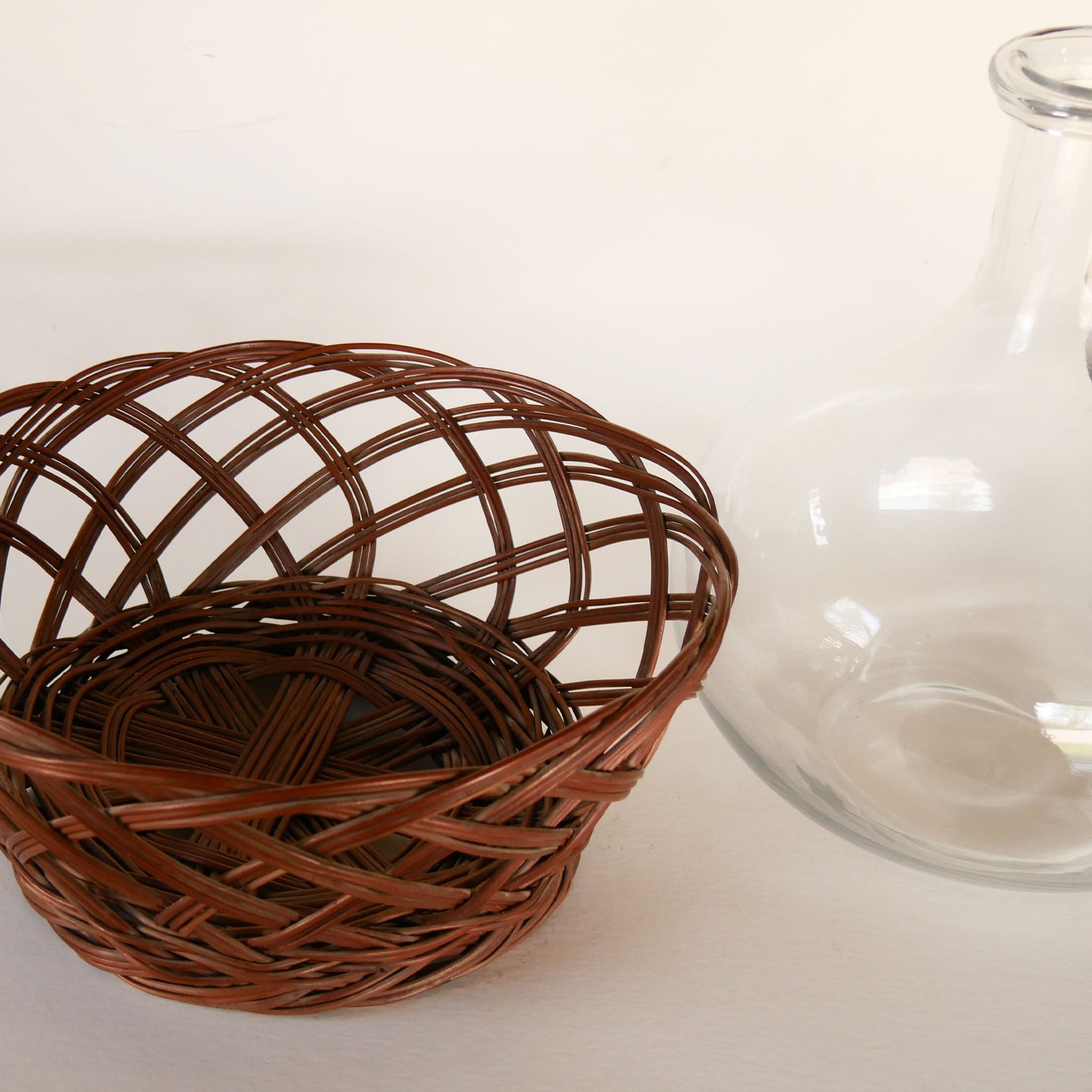 Vintage Glass Onion Vase with Rattan Wicker Holder, Primitive Wicker and Vase Set, VIntage Wicker and Vase, VIntage Demijohn, VIntage Wicker Vase, VIntage Basket and Glass Vase, VIntage Farmhouse Kitchen, Vintage Farmhouse Dining