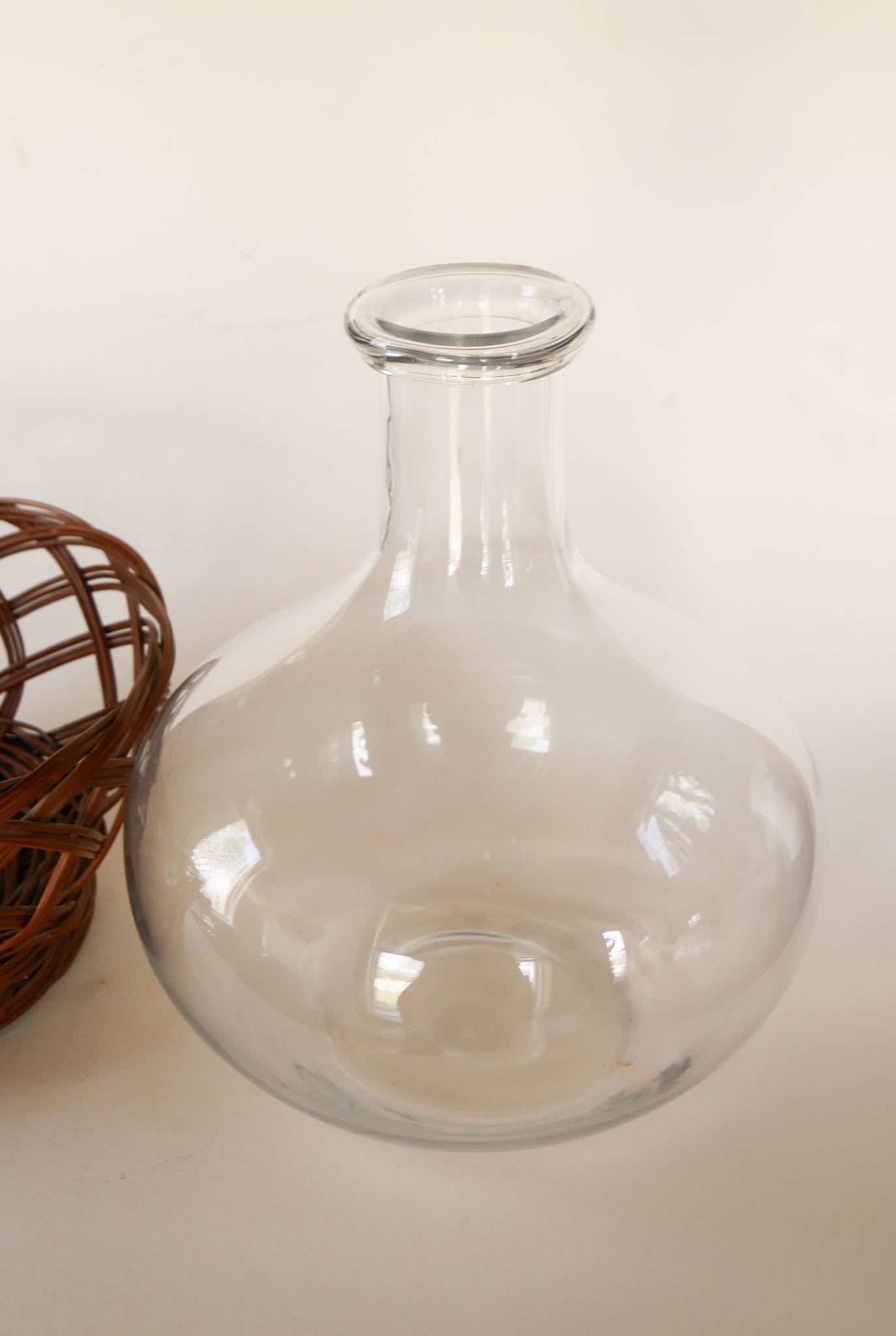 Vintage Glass Onion Vase with Rattan Wicker Holder, Primitive Wicker and Vase Set, VIntage Wicker and Vase, VIntage Demijohn, VIntage Wicker Vase, VIntage Basket and Glass Vase, VIntage Farmhouse Kitchen, Vintage Farmhouse Dining