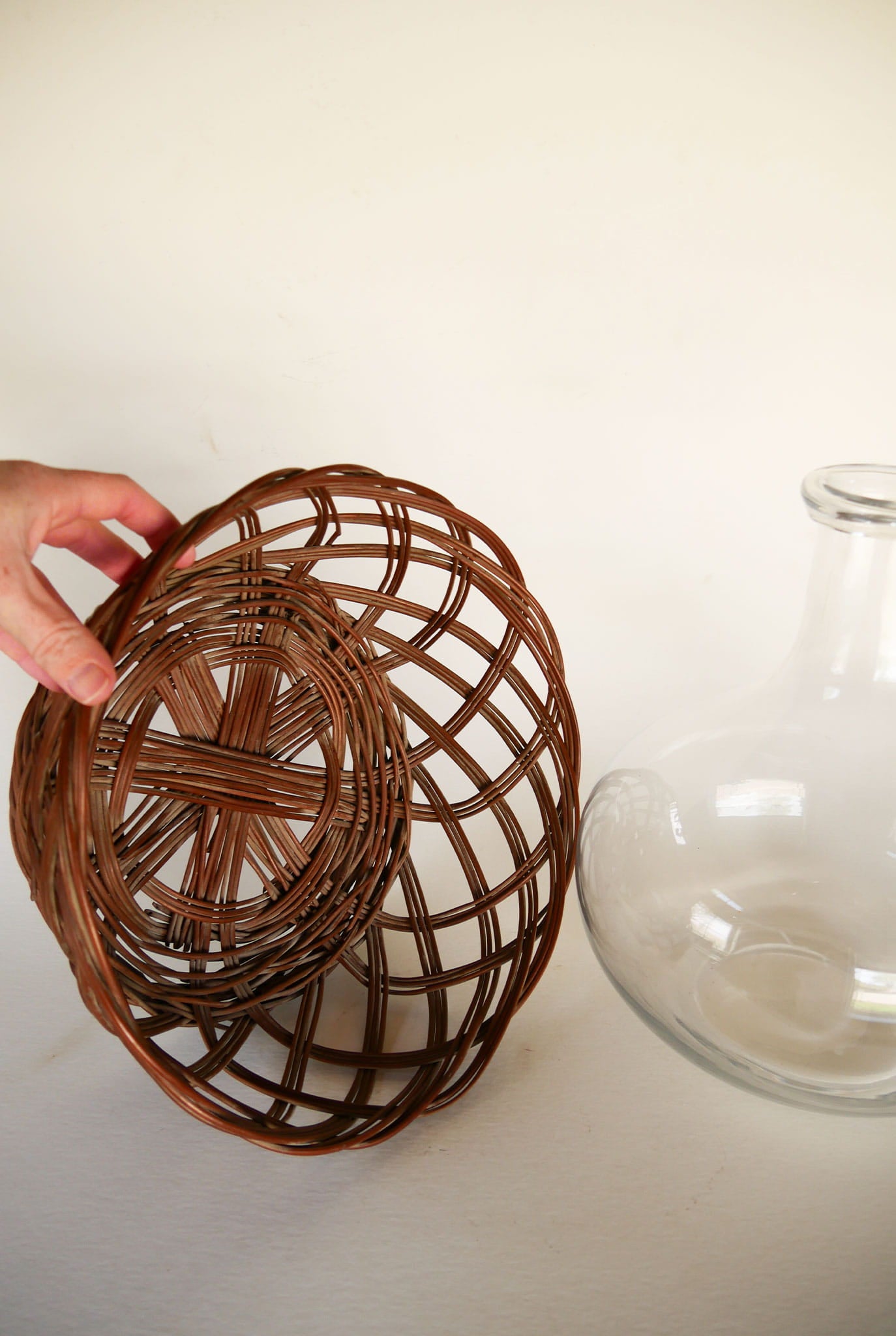 Vintage Glass Onion Vase with Rattan Wicker Holder, Primitive Wicker and Vase Set, VIntage Wicker and Vase, VIntage Demijohn, VIntage Wicker Vase, VIntage Basket and Glass Vase, VIntage Farmhouse Kitchen, Vintage Farmhouse Dining