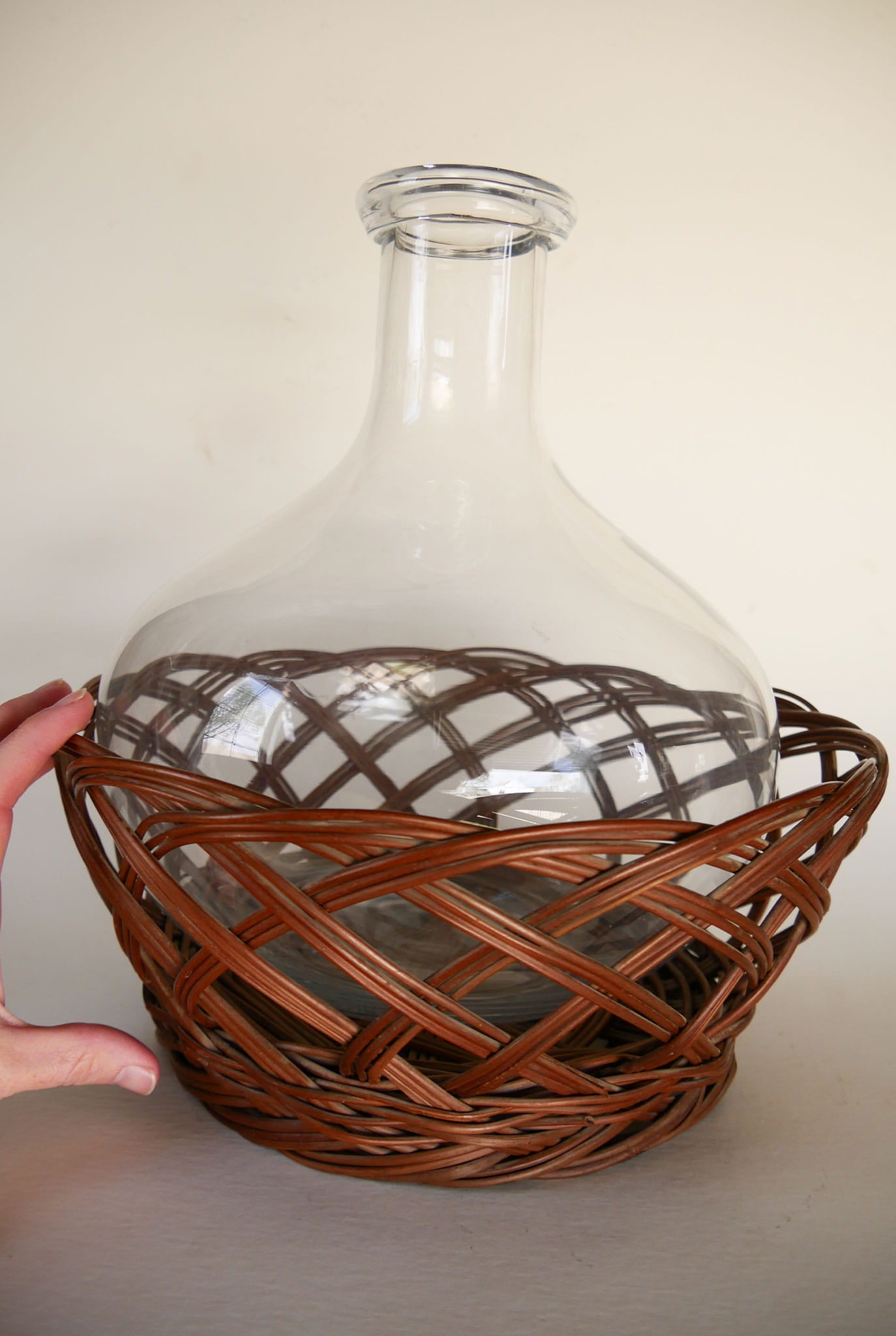 Vintage Glass Onion Vase with Rattan Wicker Holder, Primitive Wicker and Vase Set, VIntage Wicker and Vase, VIntage Demijohn, VIntage Wicker Vase, VIntage Basket and Glass Vase, VIntage Farmhouse Kitchen, Vintage Farmhouse Dining