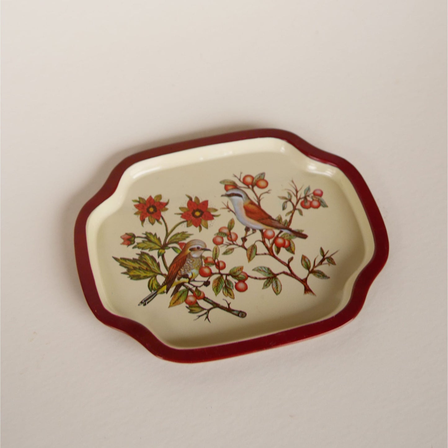 Small Metal Floral Tray, Small Vintage Bird Tray, Small Vintage Red Floral and Bird Tray