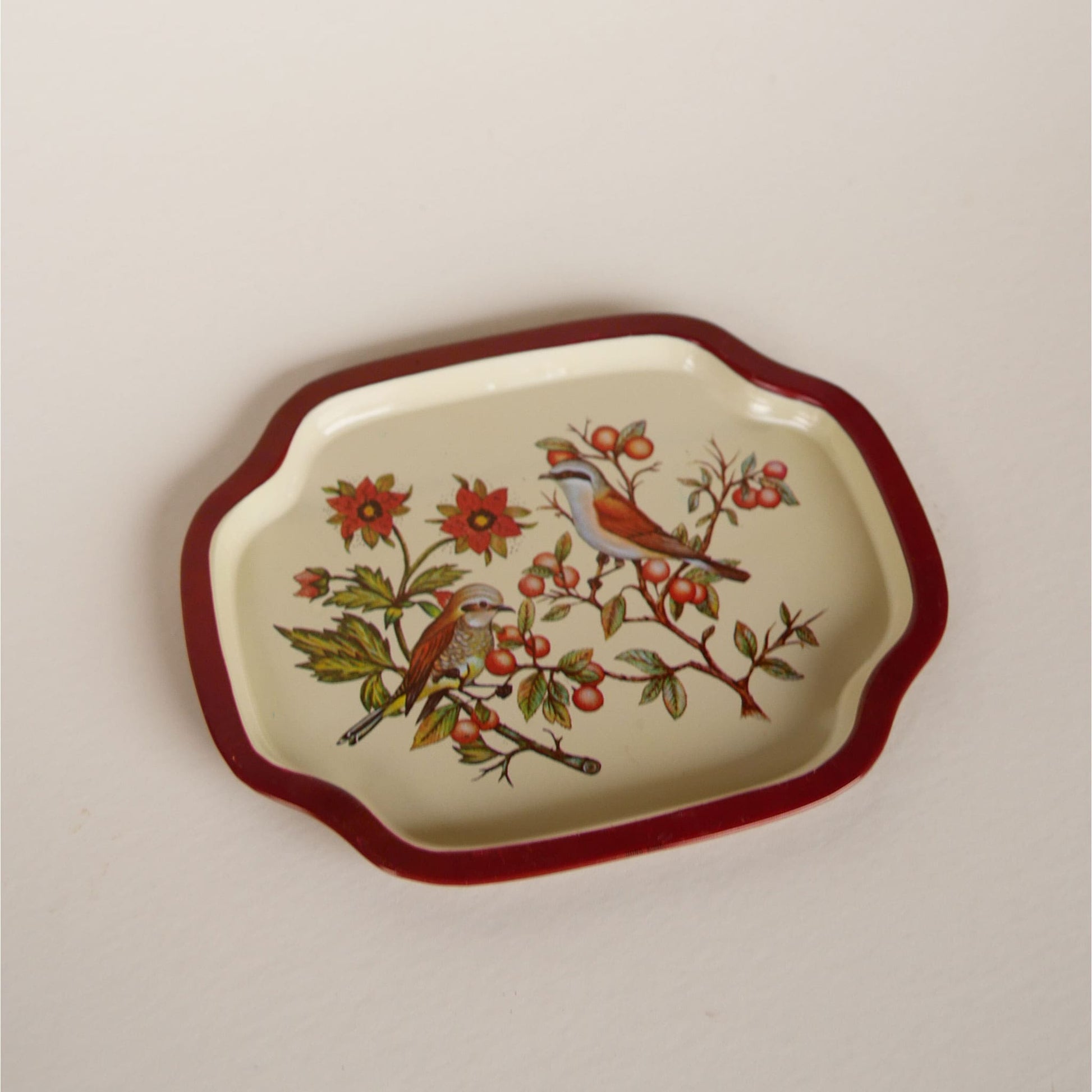 Small Metal Floral Tray, Small Vintage Bird Tray, Small Vintage Red Floral and Bird Tray