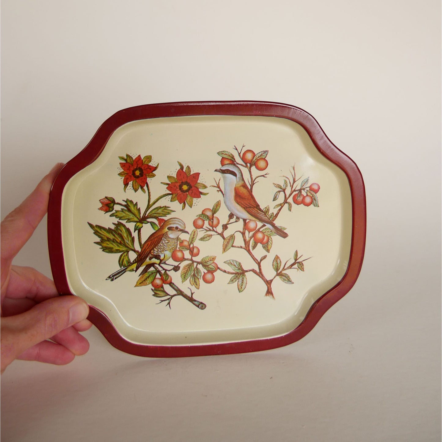 Small Metal Floral Tray, Small Vintage Bird Tray, Small Vintage Red Floral and Bird Tray