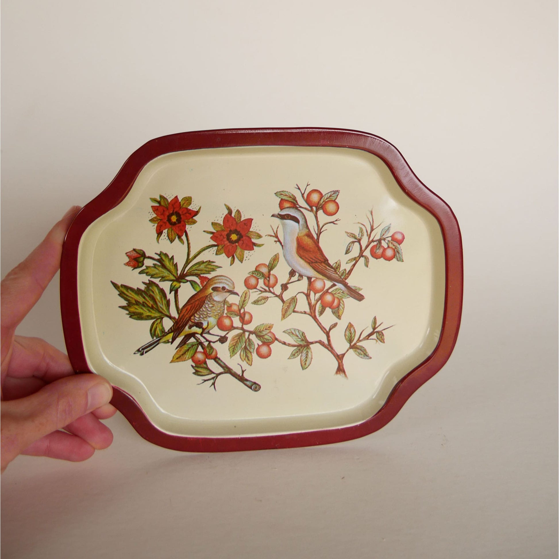 Small Metal Floral Tray, Small Vintage Bird Tray, Small Vintage Red Floral and Bird Tray