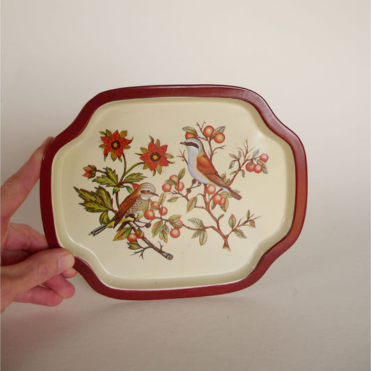 Small Metal Floral Tray, Small Vintage Bird Tray, Small Vintage Red Floral and Bird Tray