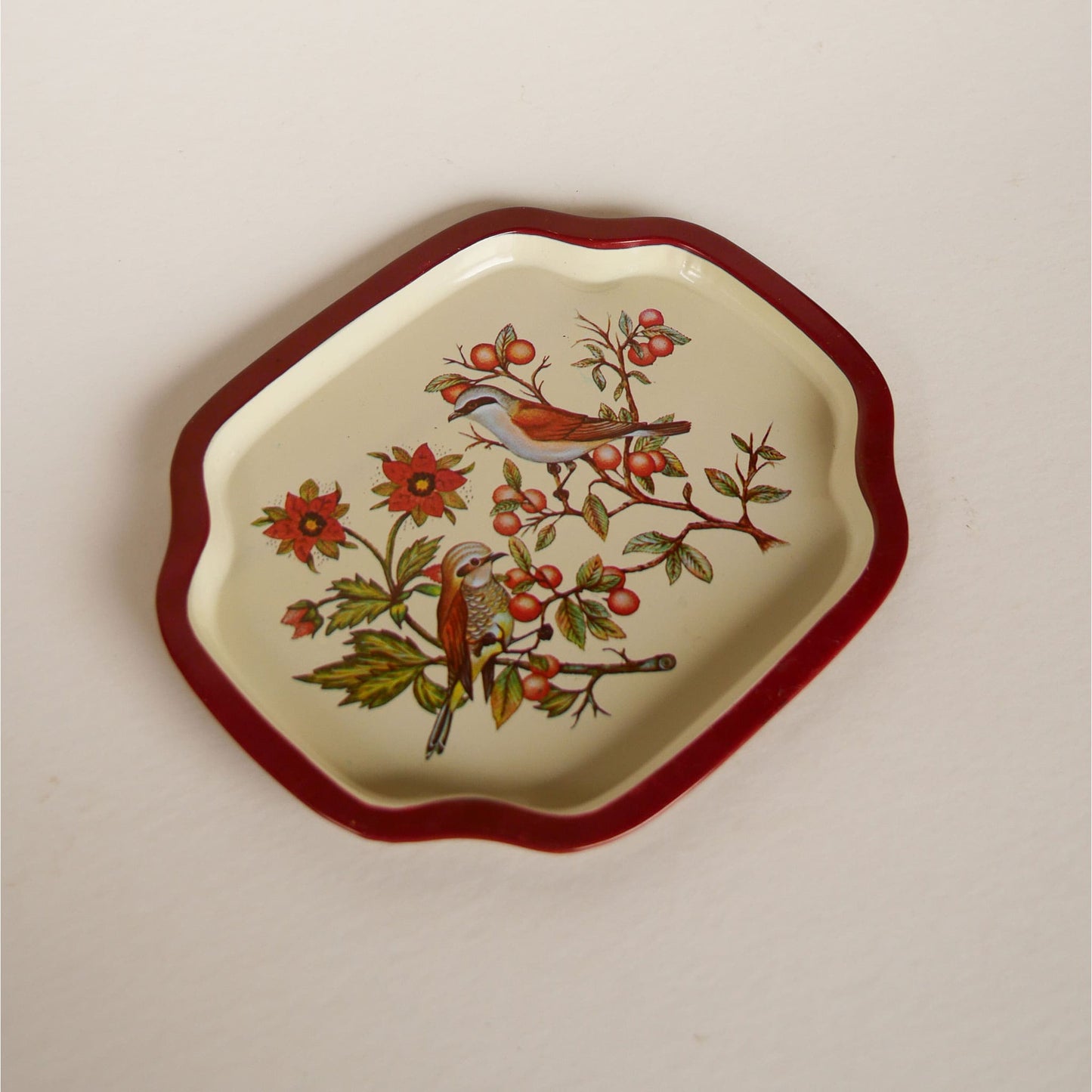 Small Metal Floral Tray, Small Vintage Bird Tray, Small Vintage Red Floral and Bird Tray