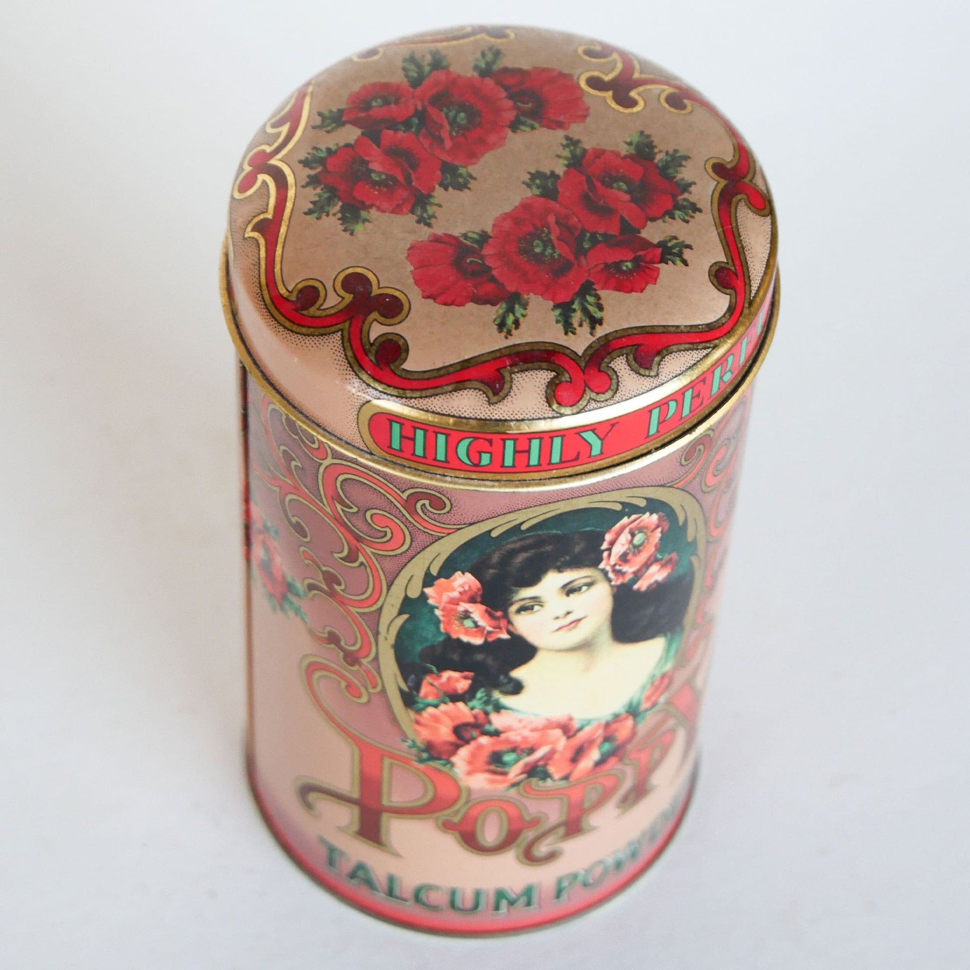 Vintage Poppy Floral Round Talcum Powder Tin Container, Made in England, Vintage Poppy Talcom Powder Container