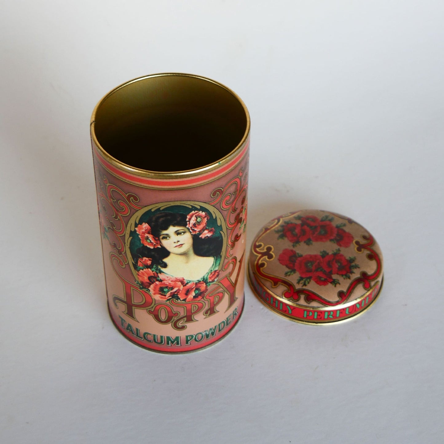 Vintage Poppy Floral Round Talcum Powder Tin Container, Made in England, Vintage Poppy Talcom Powder Container