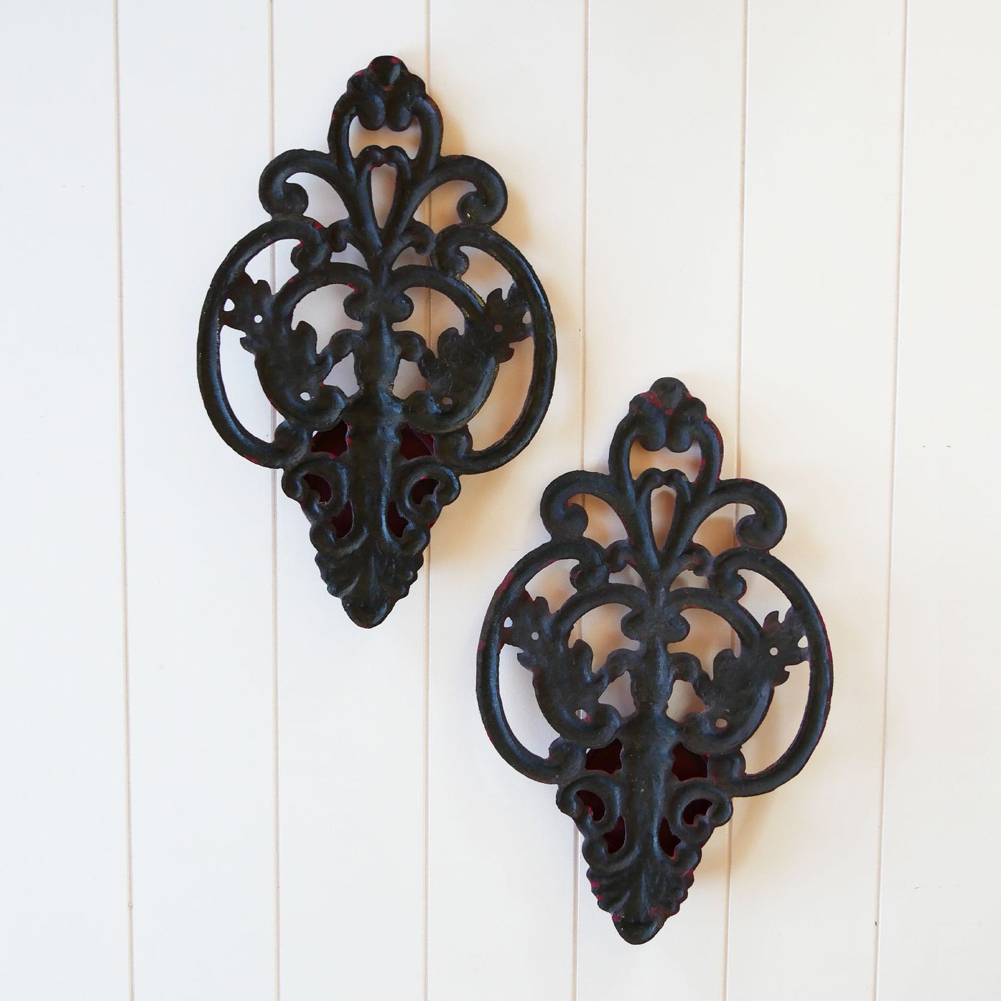 Red Wrought Iron Candle Holder, Vintage WRought Iron Wall Mounted Candle Holders, Vintage Red Iron Wall Display