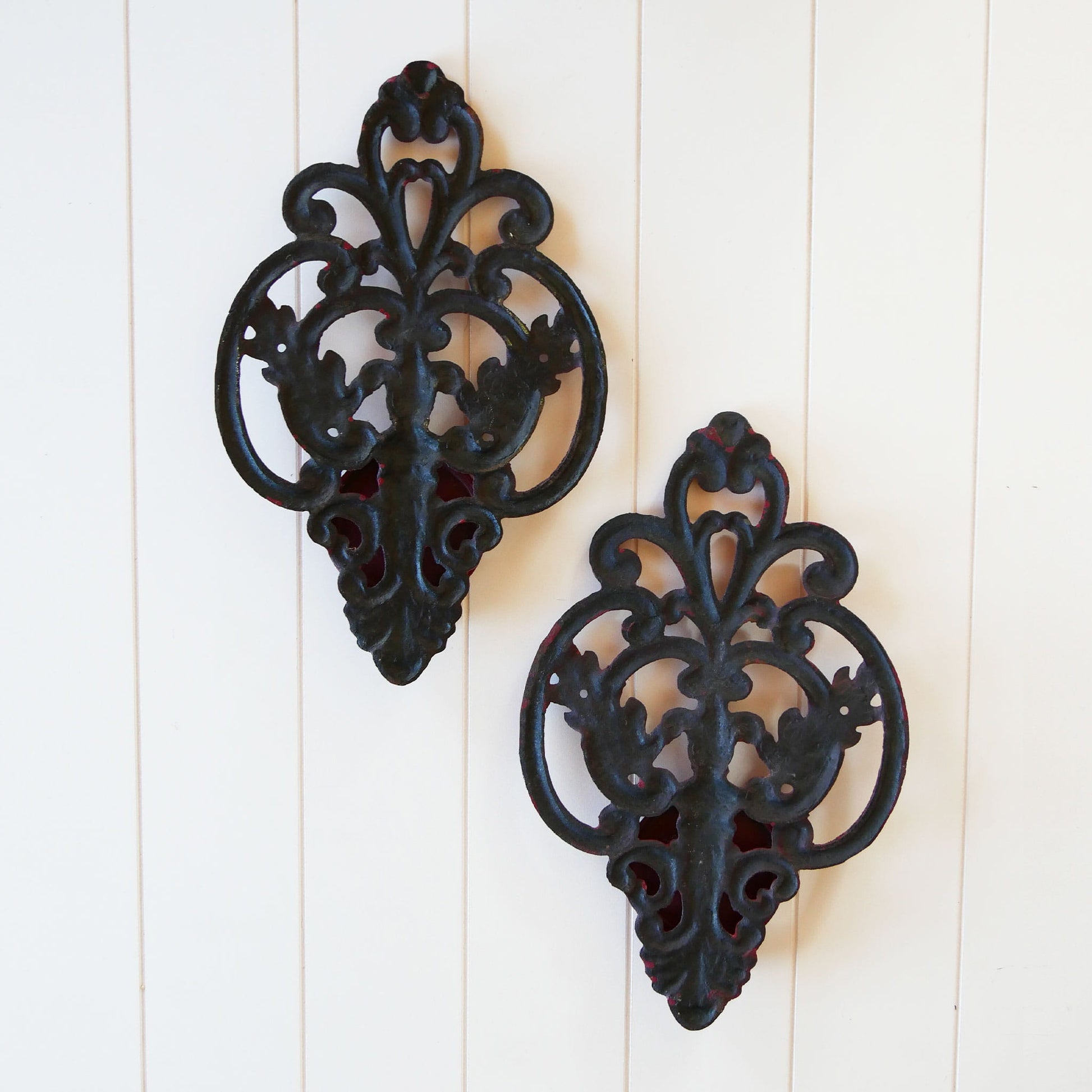 Red Wrought Iron Candle Holder, Vintage WRought Iron Wall Mounted Candle Holders, Vintage Red Iron Wall Display