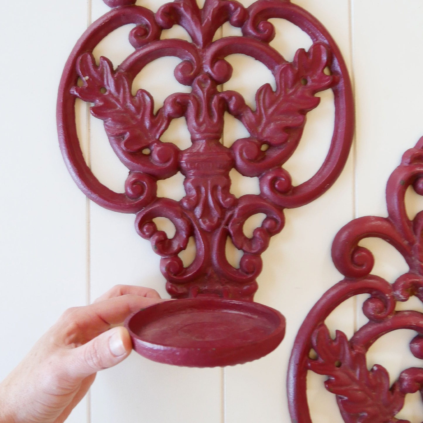 Red Wrought Iron Candle Holder, Vintage WRought Iron Wall Mounted Candle Holders, Vintage Red Iron Wall Display