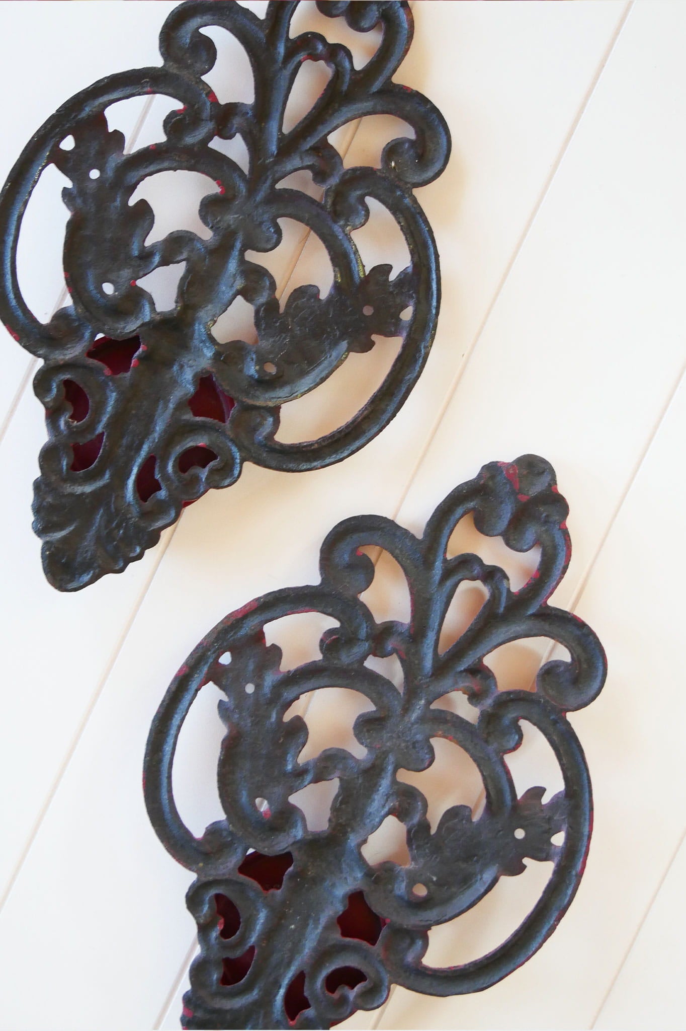 Red Wrought Iron Candle Holder, Vintage WRought Iron Wall Mounted Candle Holders, Vintage Red Iron Wall Display