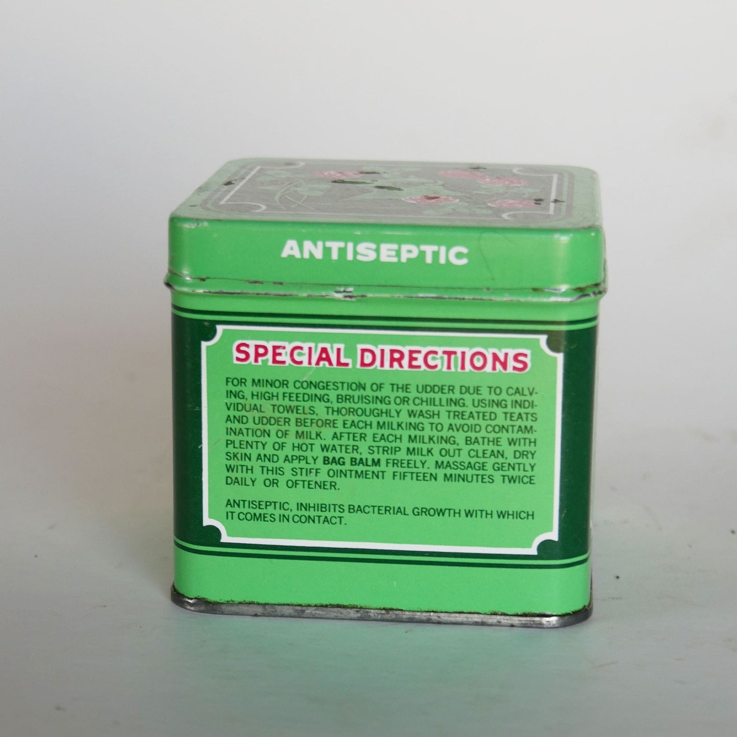 Vintage Bag Balm Antiseptic Square Tin, Red and Green Tin, Vintage Red an Green Tin