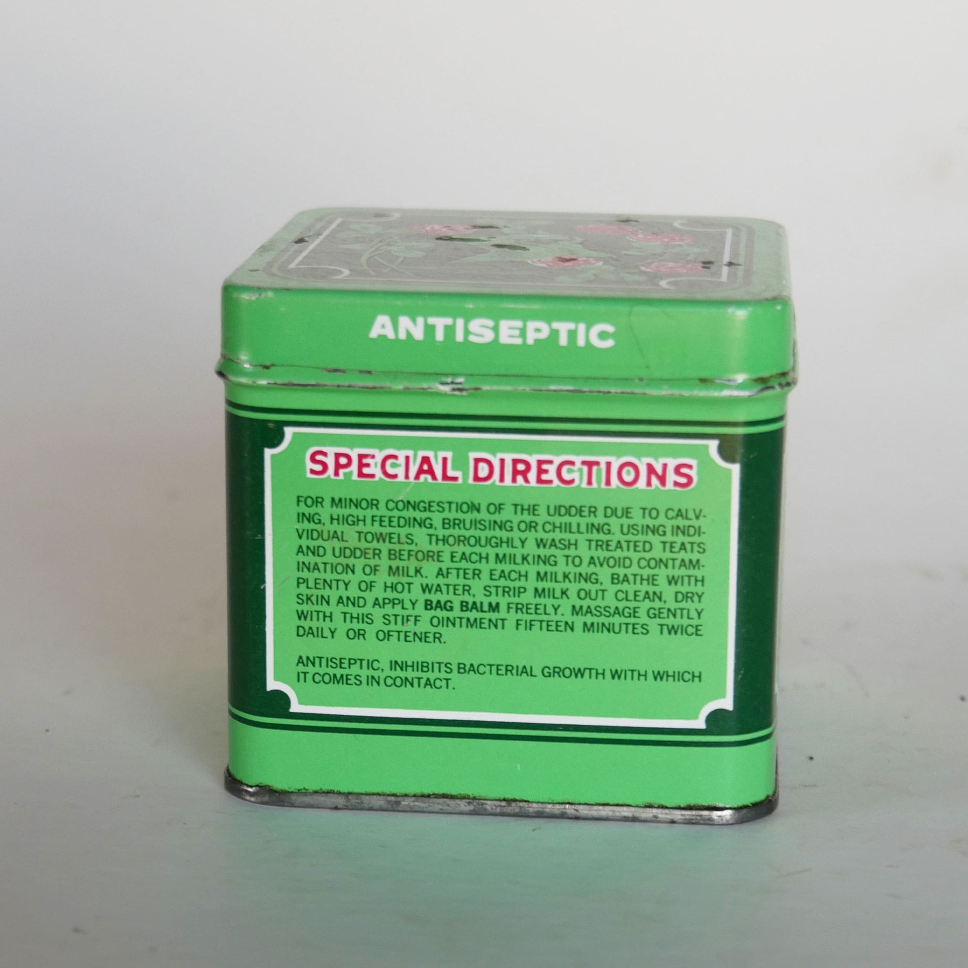Vintage Bag Balm Antiseptic Square Tin, Red and Green Tin, Vintage Red an Green Tin