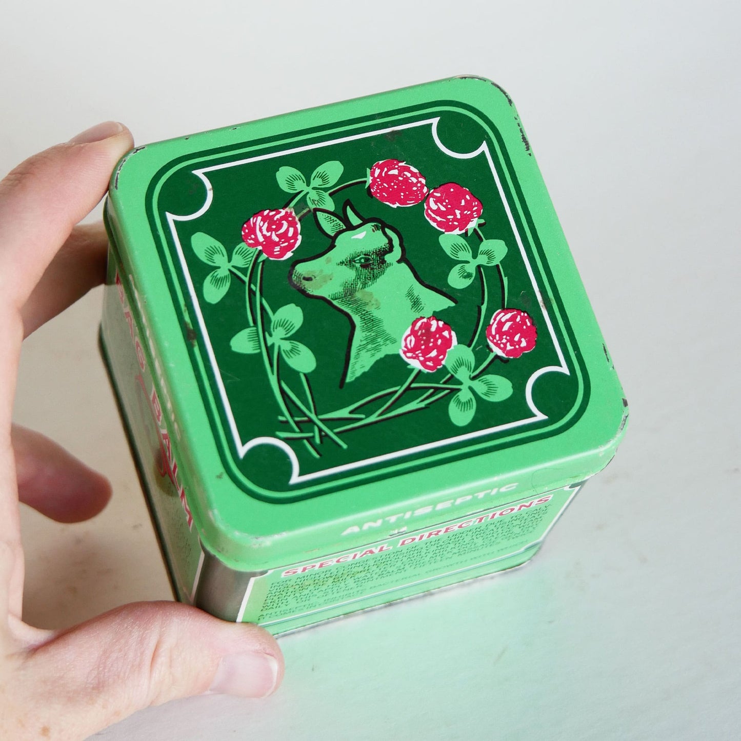 Vintage Bag Balm Antiseptic Square Tin, Red and Green Tin, Vintage Red an Green Tin