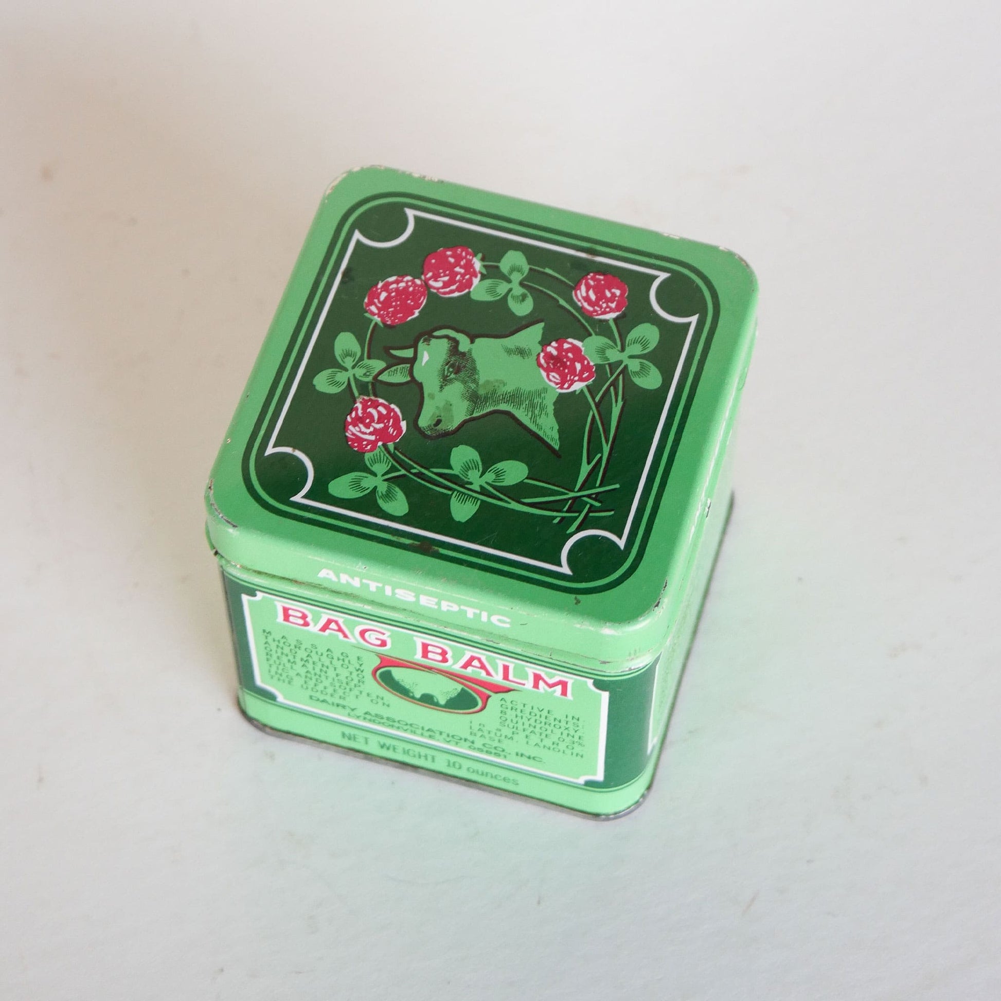 Vintage Bag Balm Antiseptic Square Tin, Red and Green Tin, Vintage Red an Green Tin